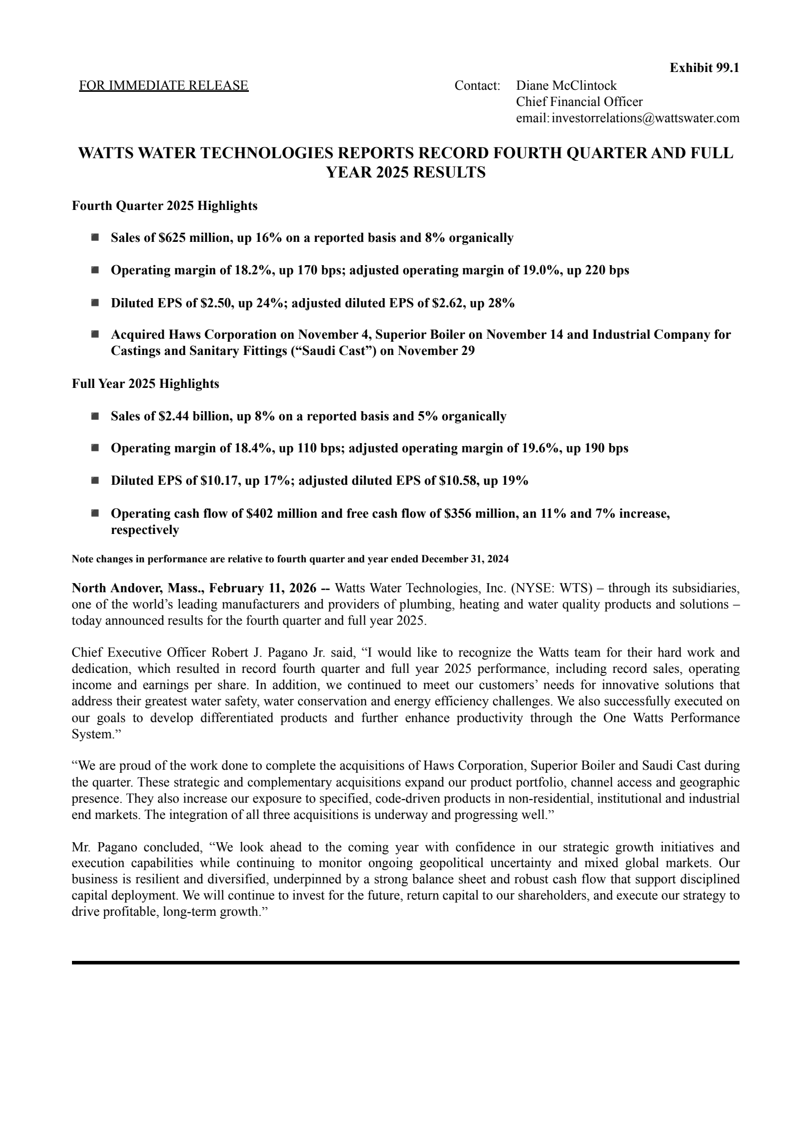 Watts Water Technologies' Q4 2025 Press Release