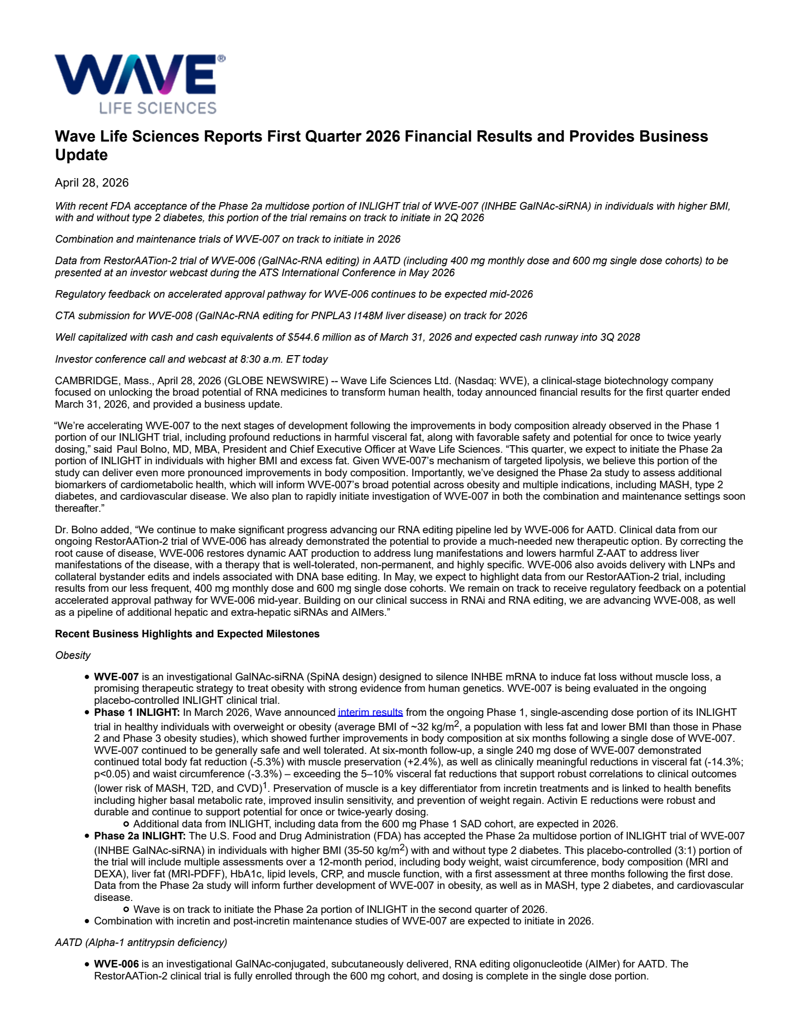 WAVE Life Sciences' Q1 2026 Press Release