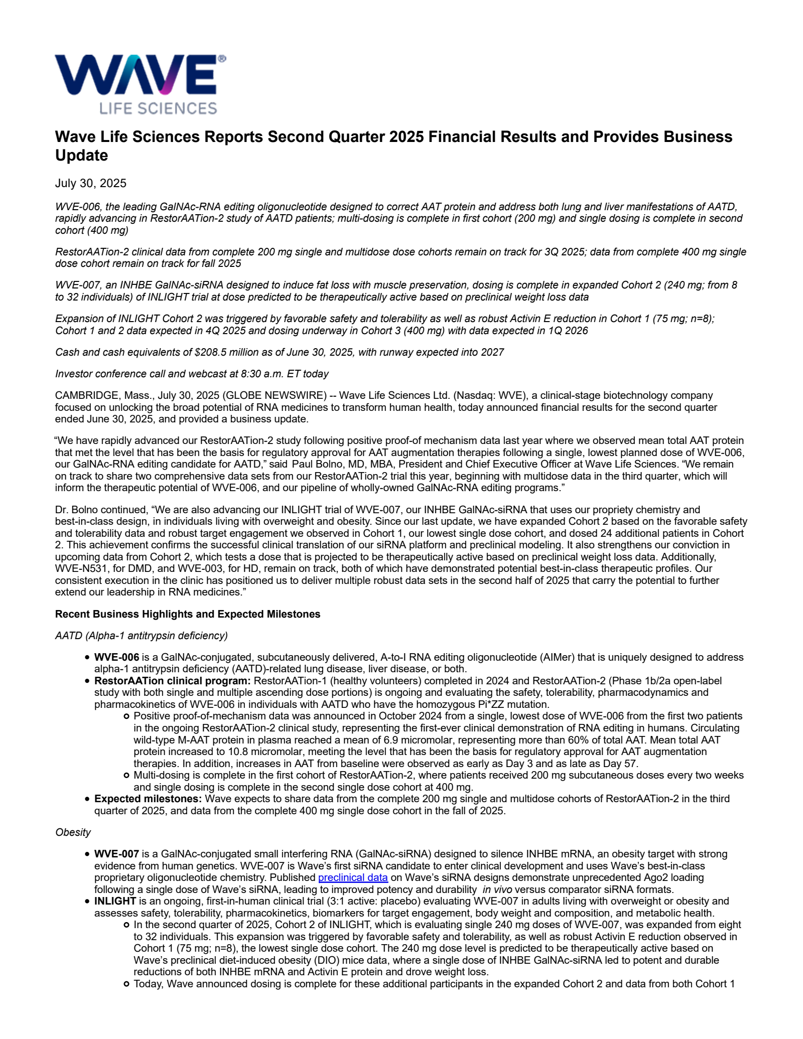 WAVE Life Sciences' Q2 2025 Press Release