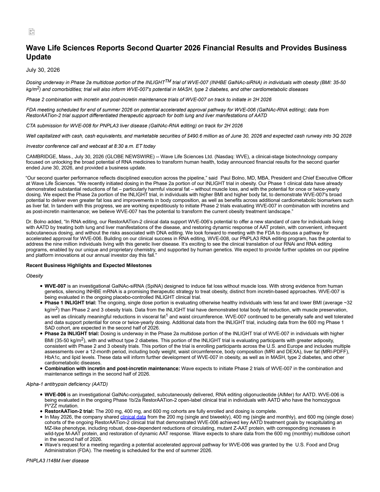 WAVE Life Sciences' Q2 2026 Press Release