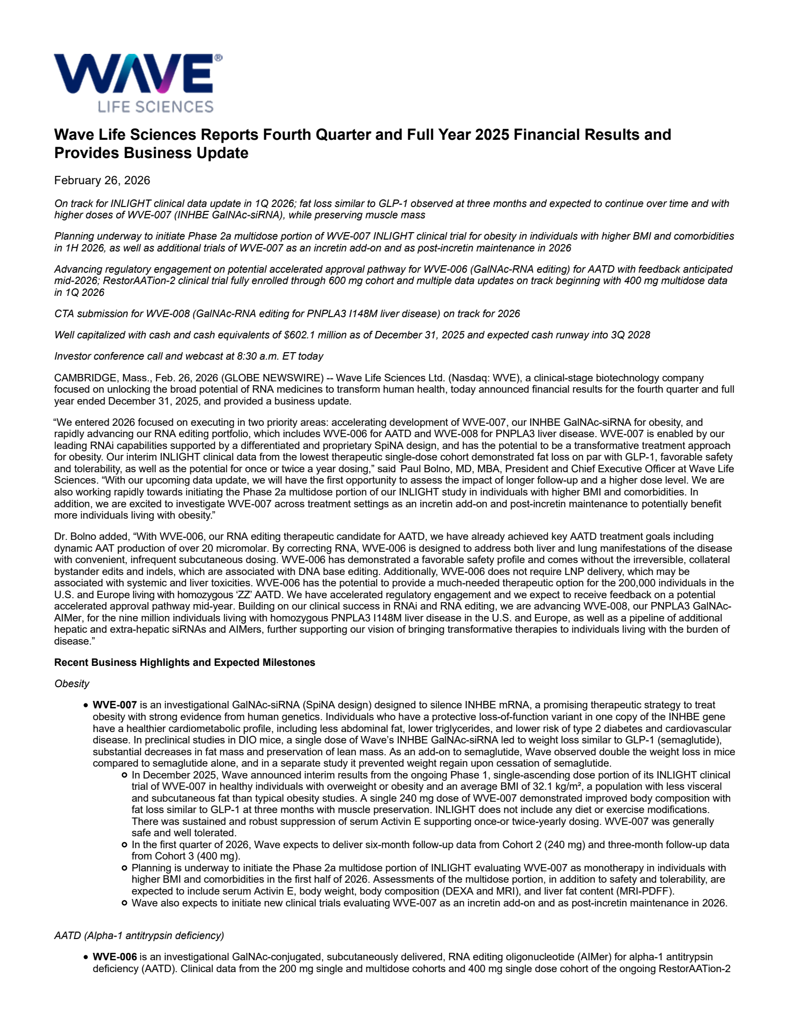WAVE Life Sciences' Q4 2025 Press Release