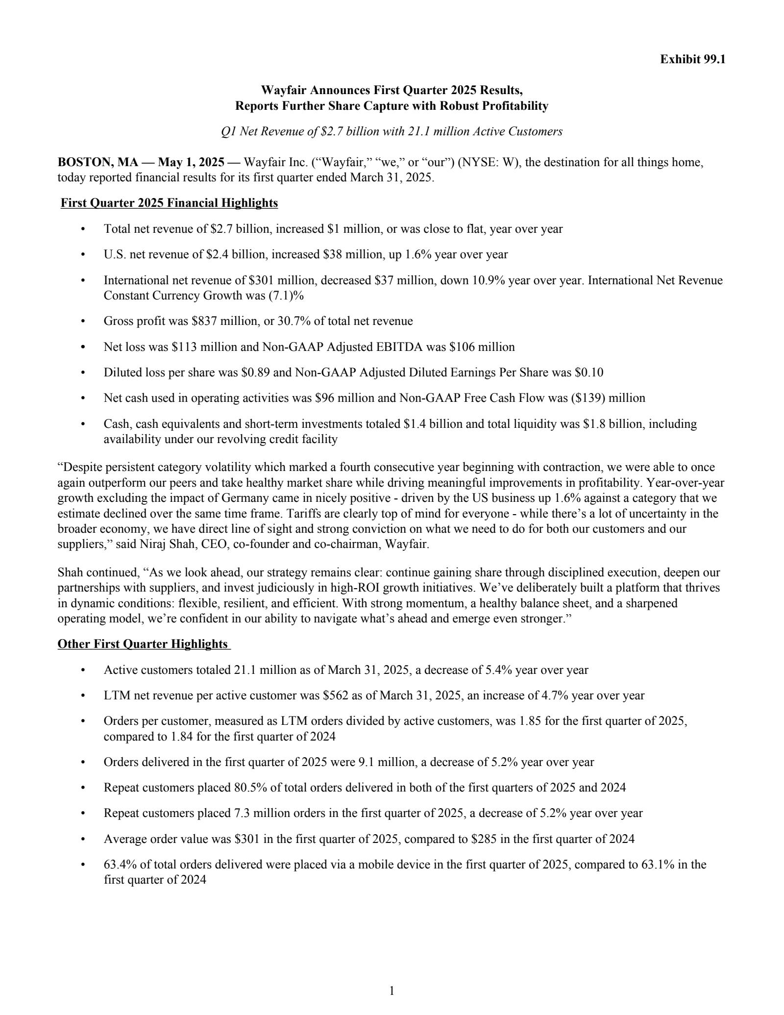 Wayfair's Q1 2025 Press Release