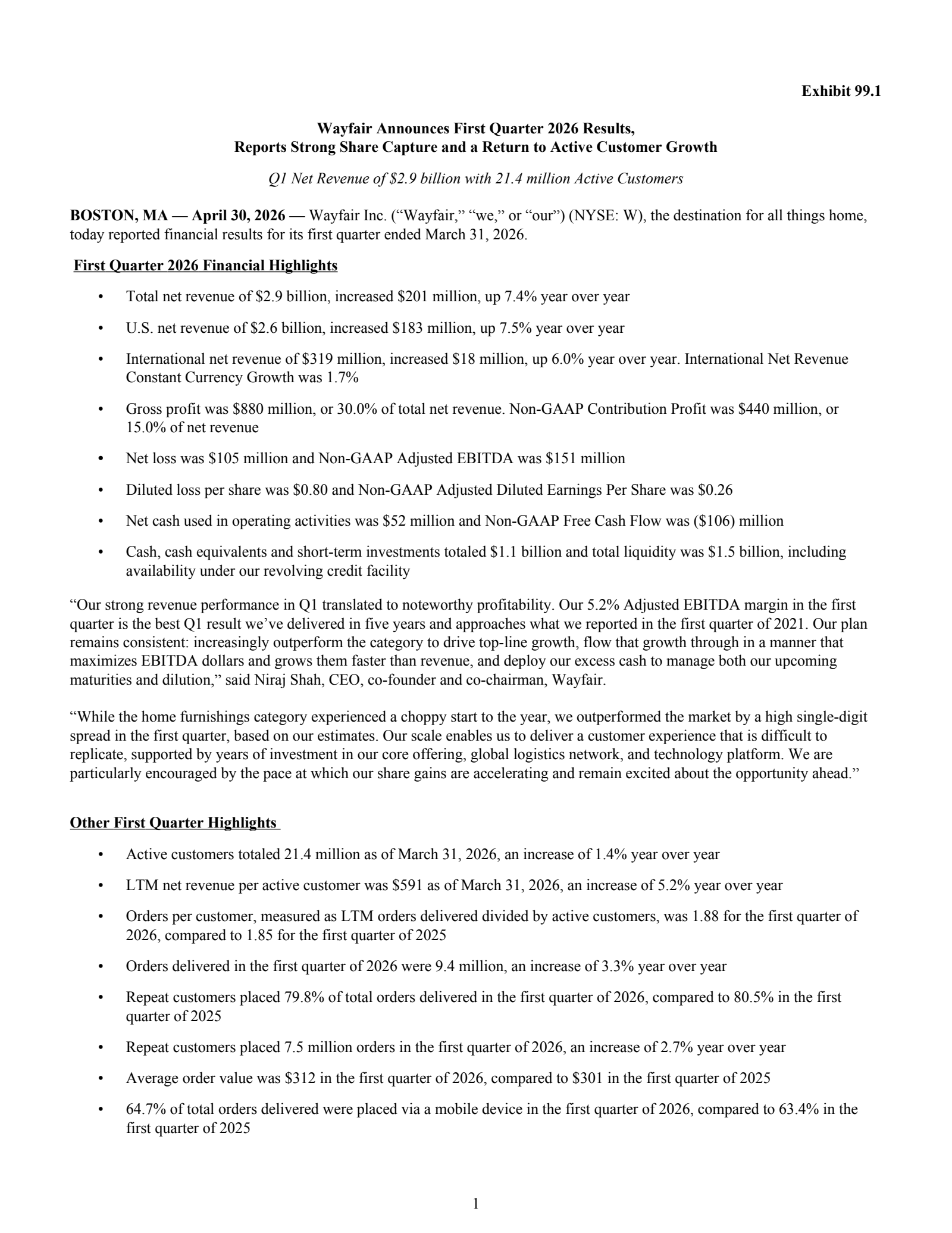 Wayfair's Q1 2026 Press Release