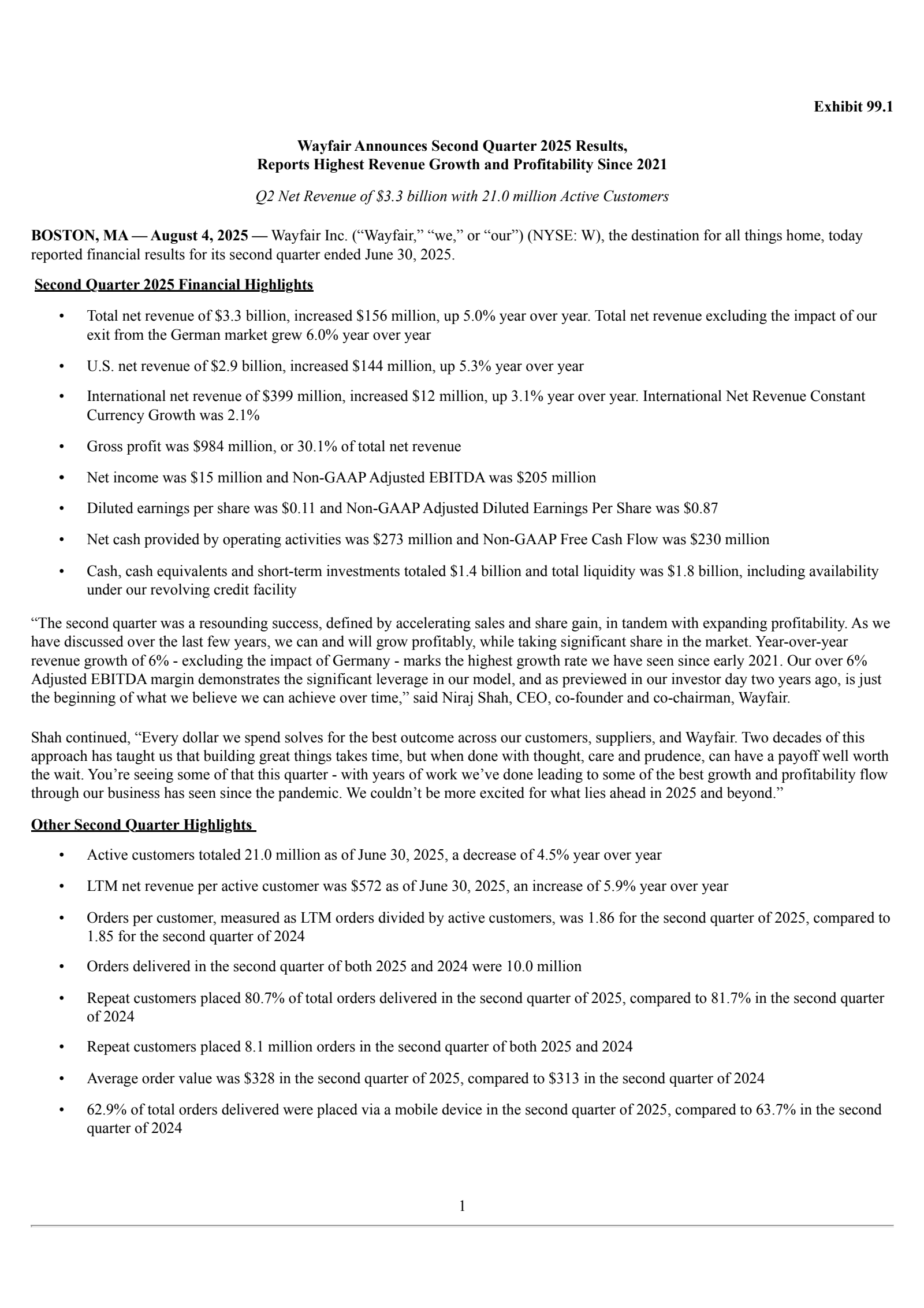 Wayfair's Q2 2025 Press Release