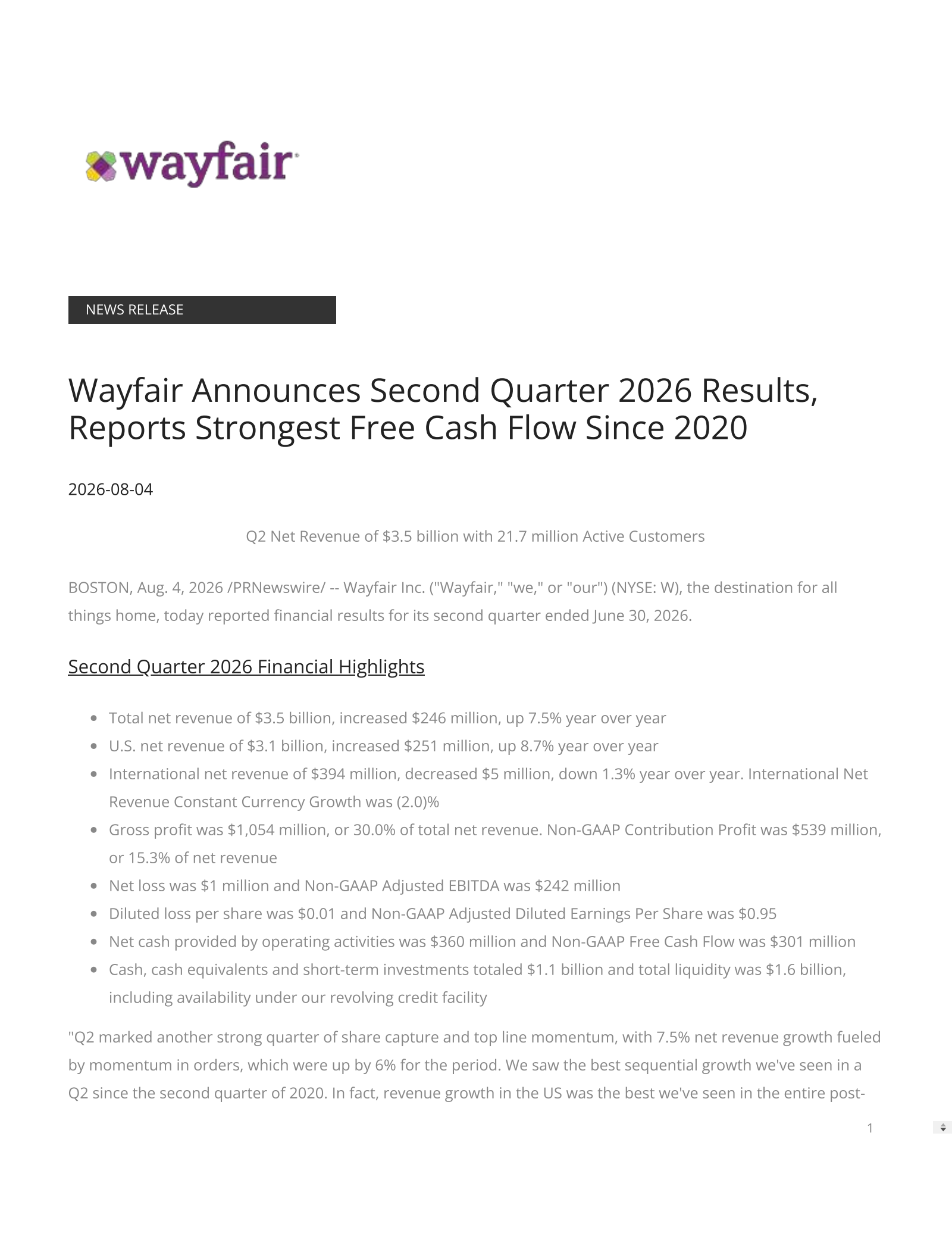 Wayfair's Q2 2026 Press Release
