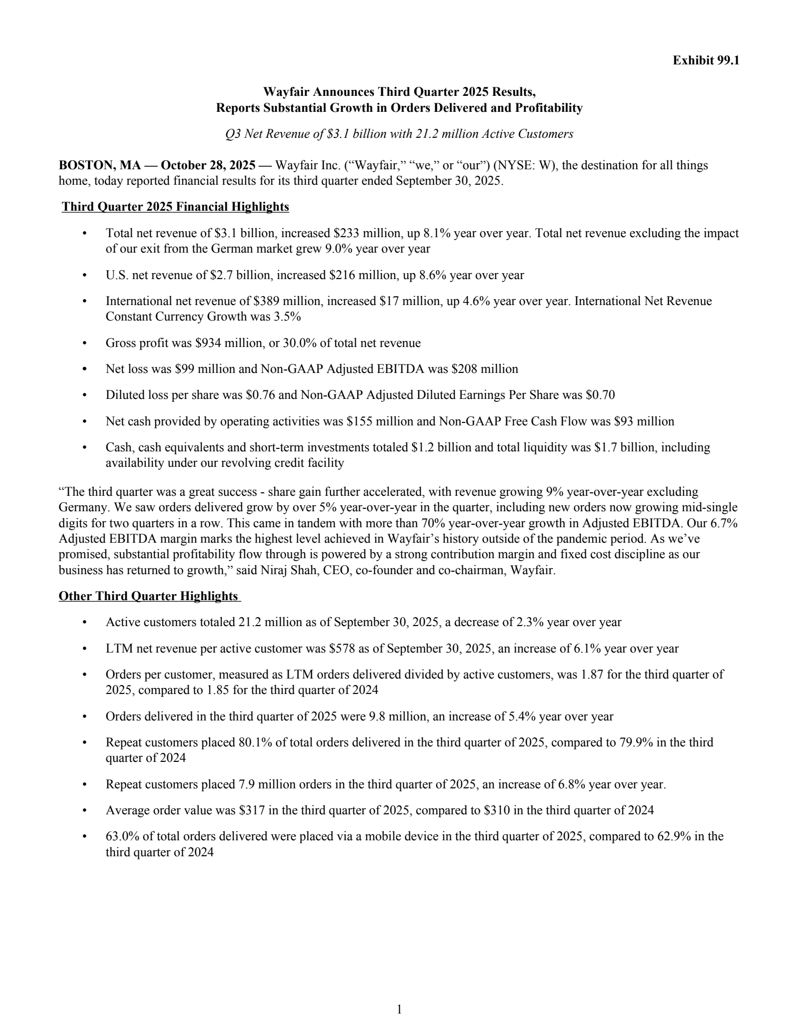 Wayfair's Q3 2025 Press Release