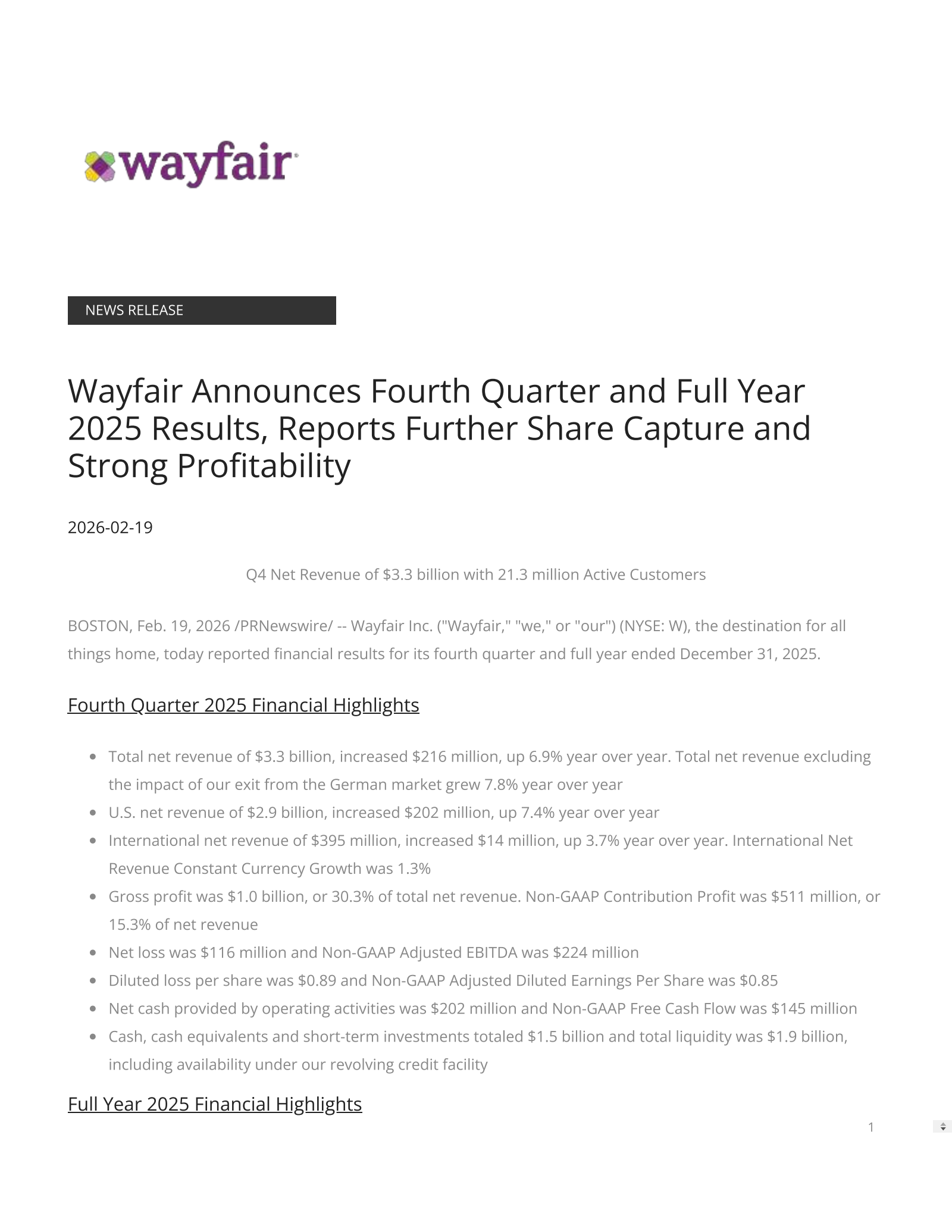 Wayfair's Q4 2025 Press Release
