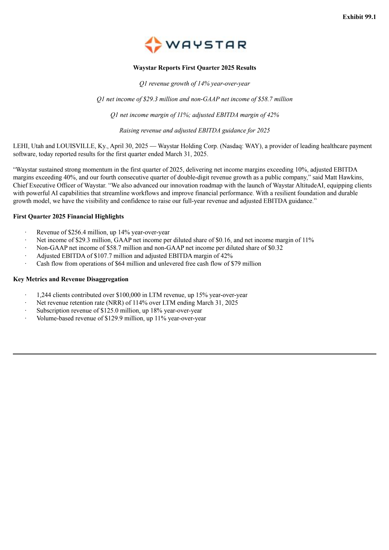 Waystar Reports WAY Q1 2025 Earnings Report on 4/30/2025