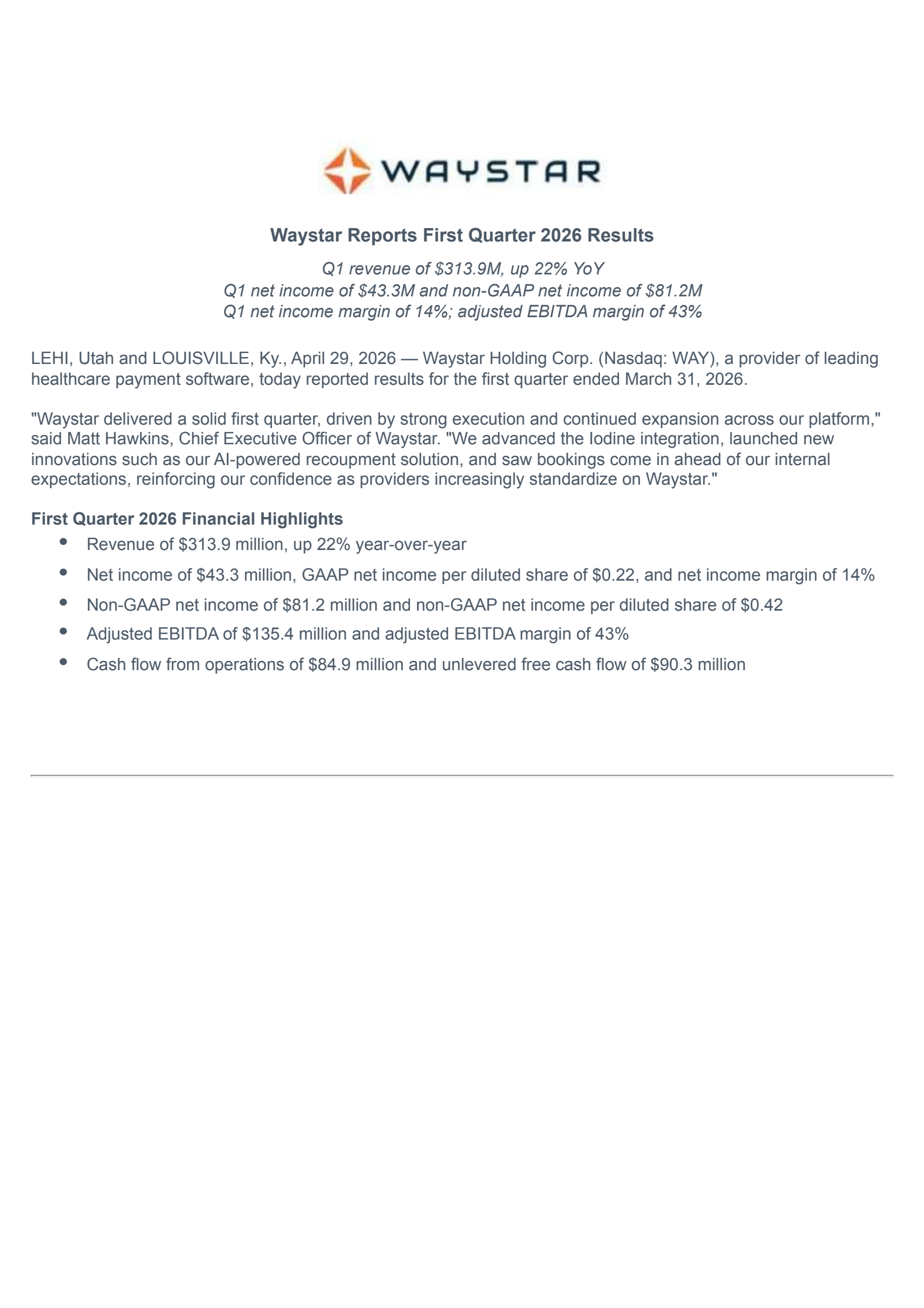 Waystar's Q1 2026 Press Release