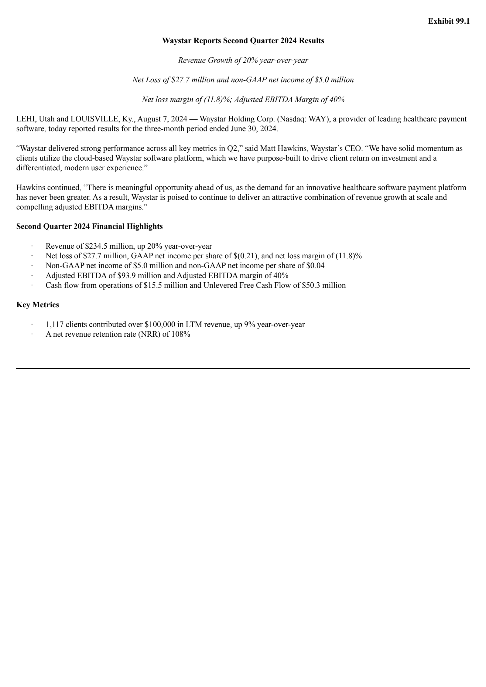 Waystar Reports WAY Q2 2024 Earnings Report on 8/7/2024