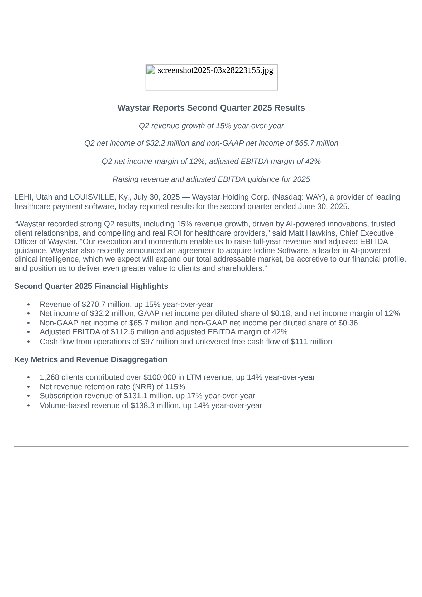 Waystar Reports WAY Q2 2025 Earnings Report on 7/30/2025