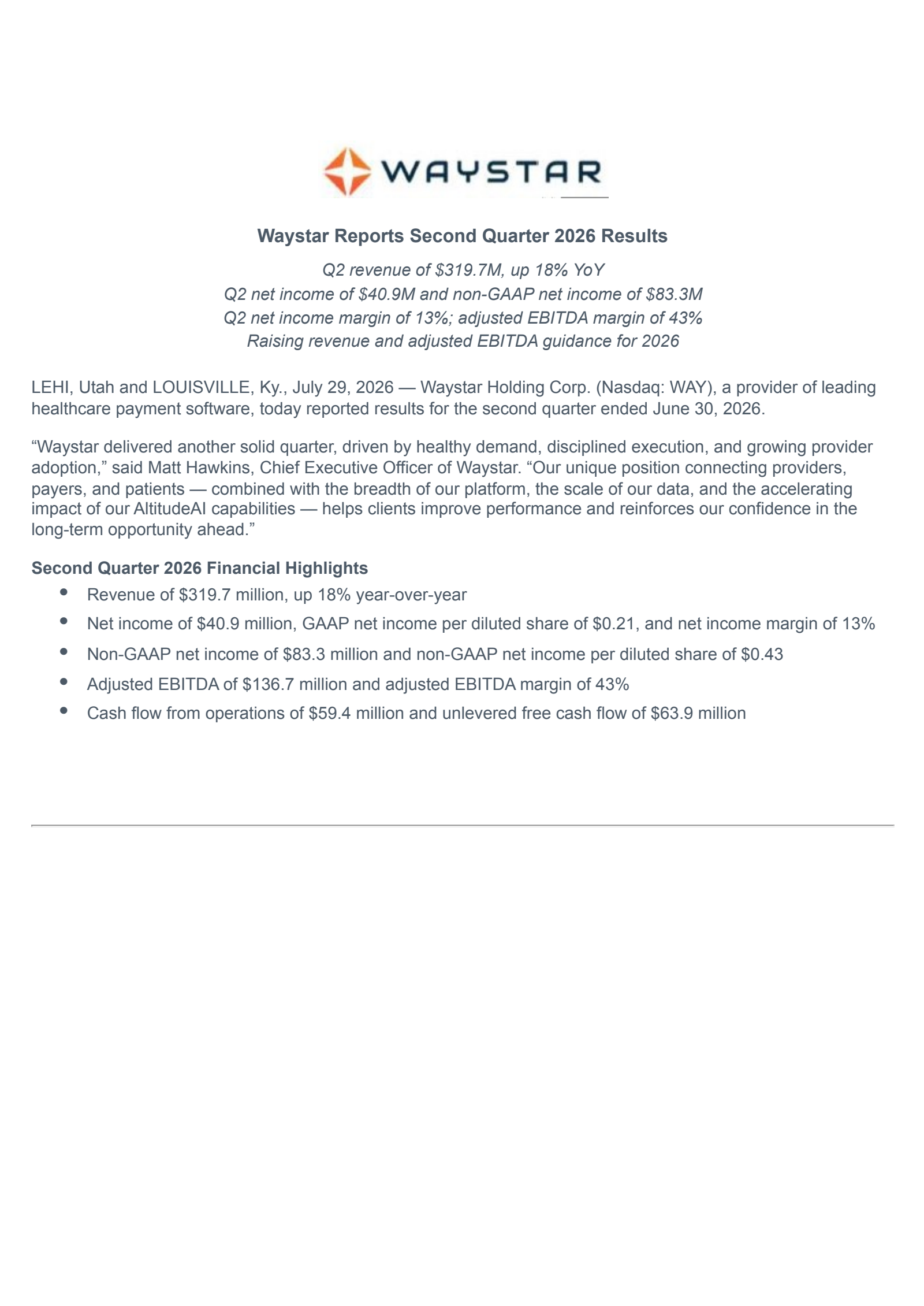 Waystar's Q2 2026 Press Release