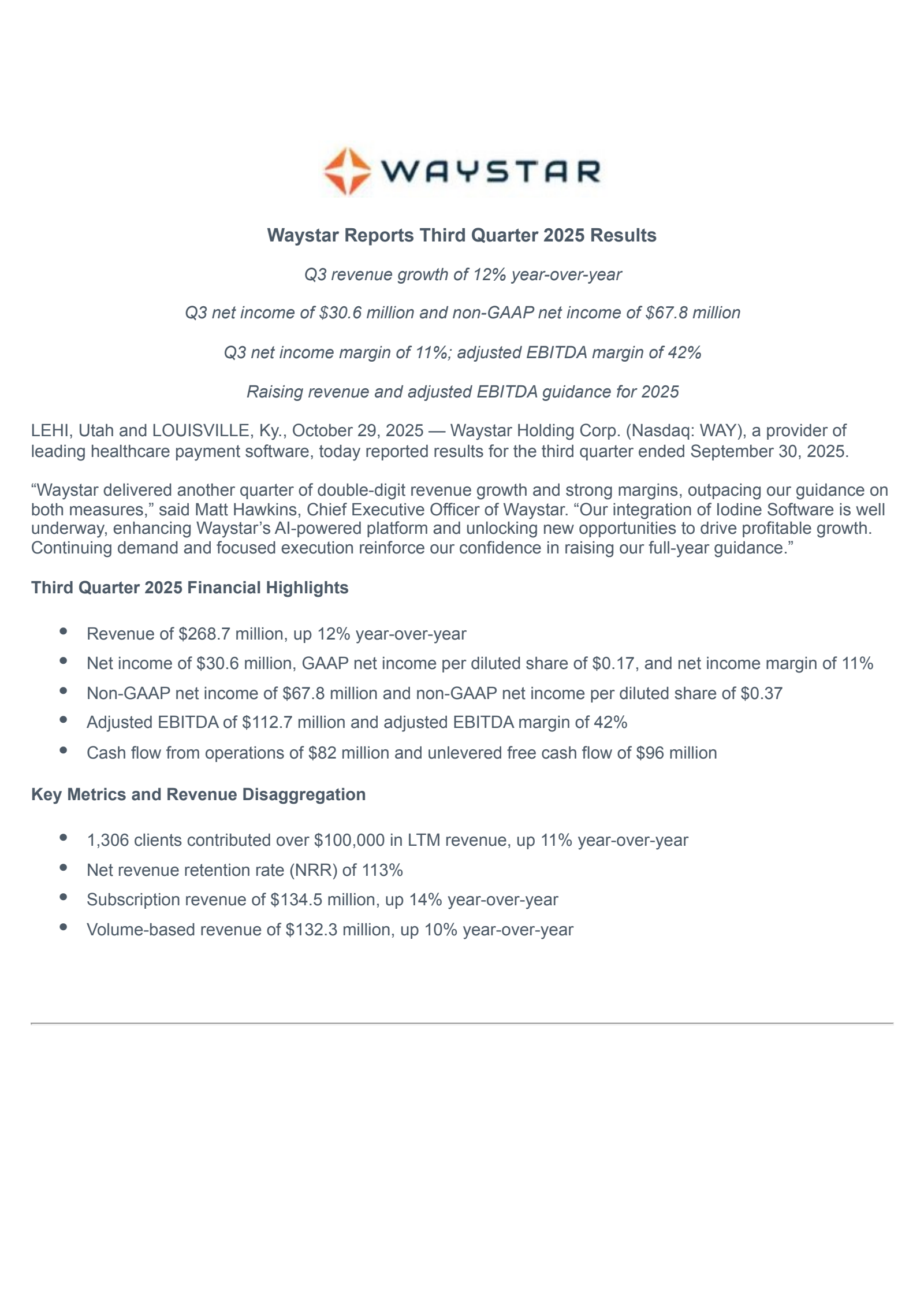 Waystar's Q3 2025 Earnings Release