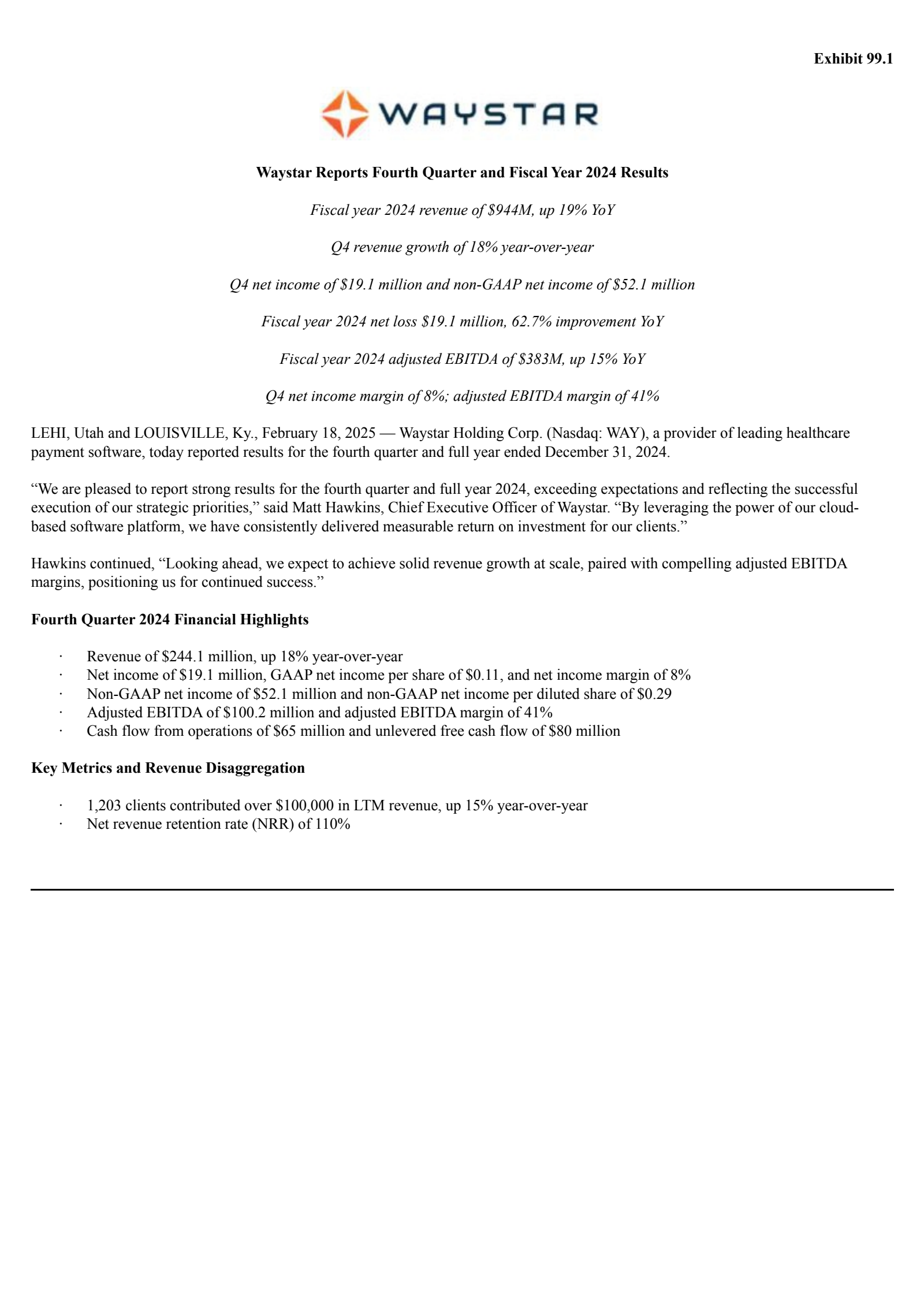 Waystar Reports WAY Q4 2024 Earnings Report on 2/18/2025