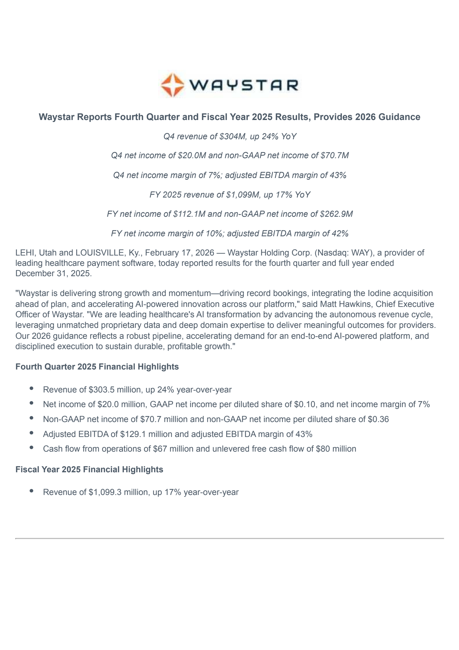 Waystar's Q4 2025 Press Release