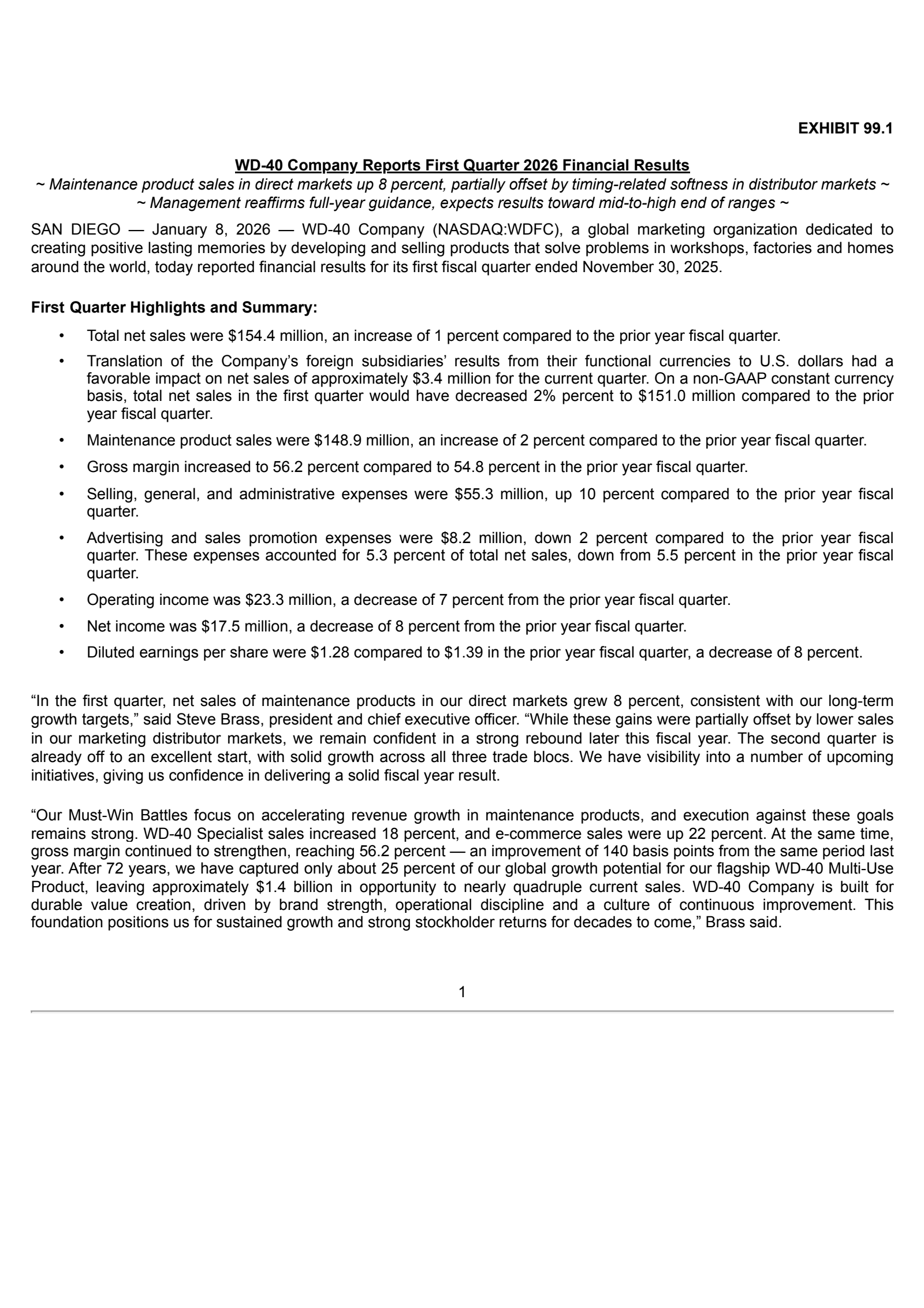WD-40's Q1 2026 Earnings Release