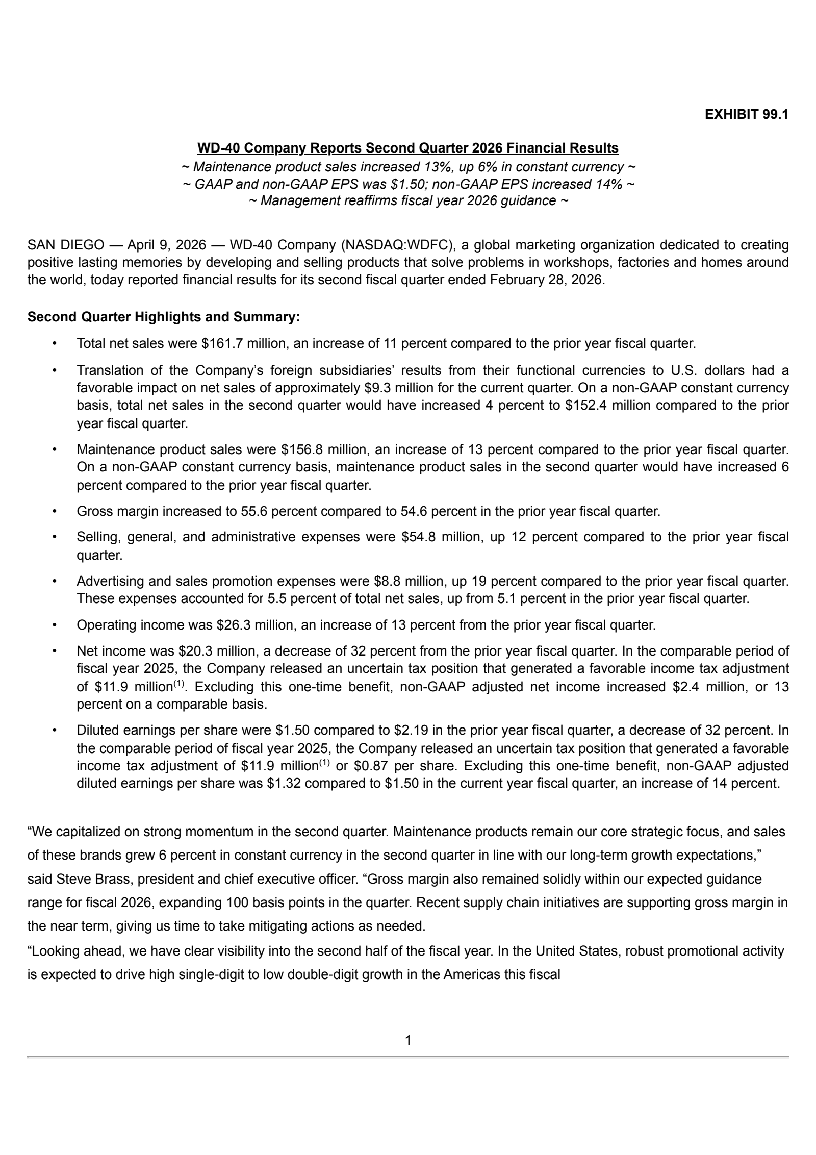 WD-40's Q2 2026 Press Release