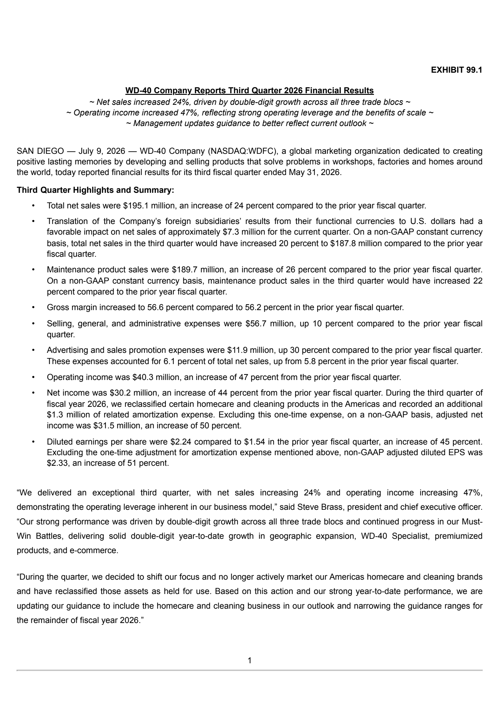 WD-40's Q3 2026 Press Release