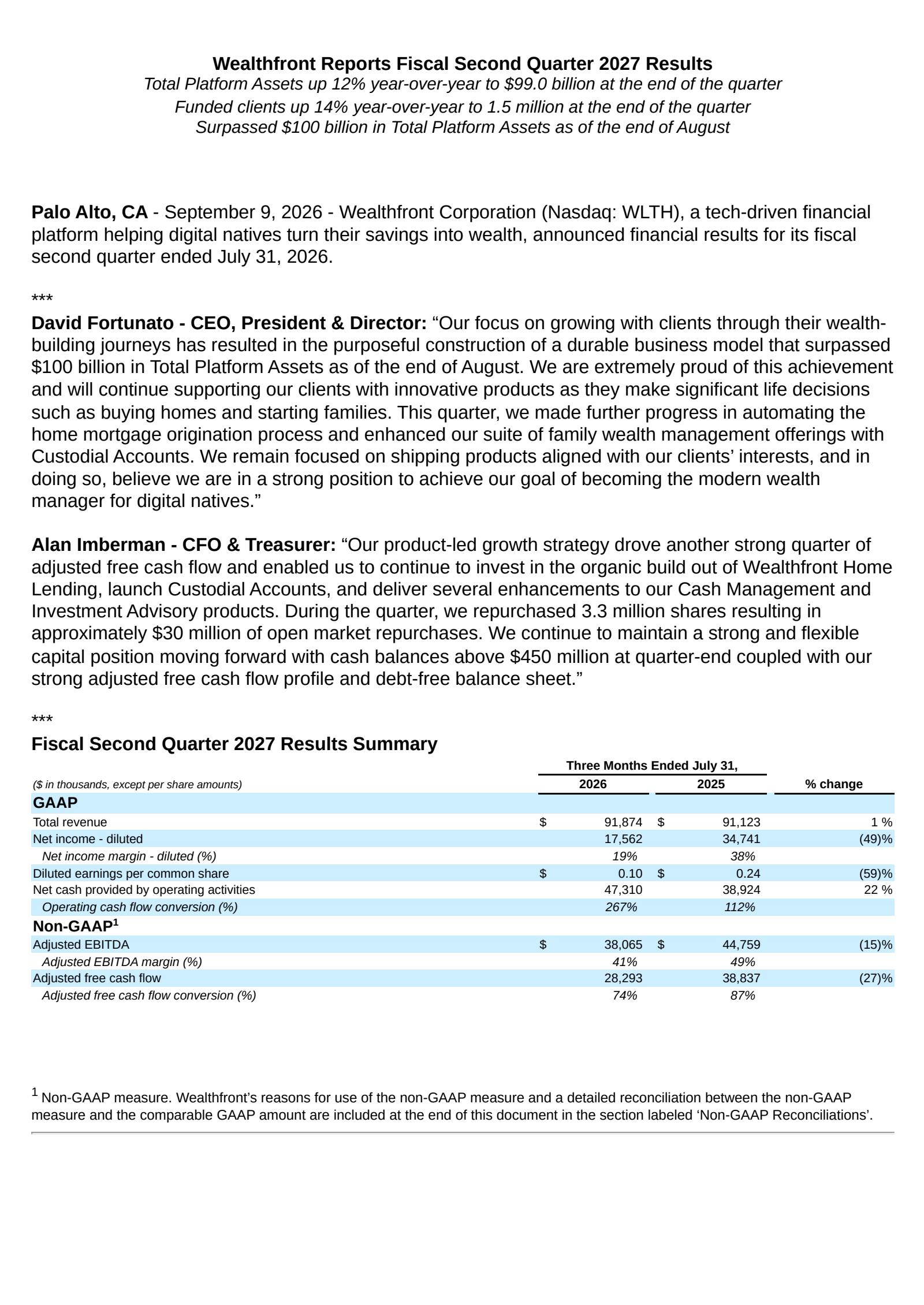 Wealthfront's Q2 2027 Press Release