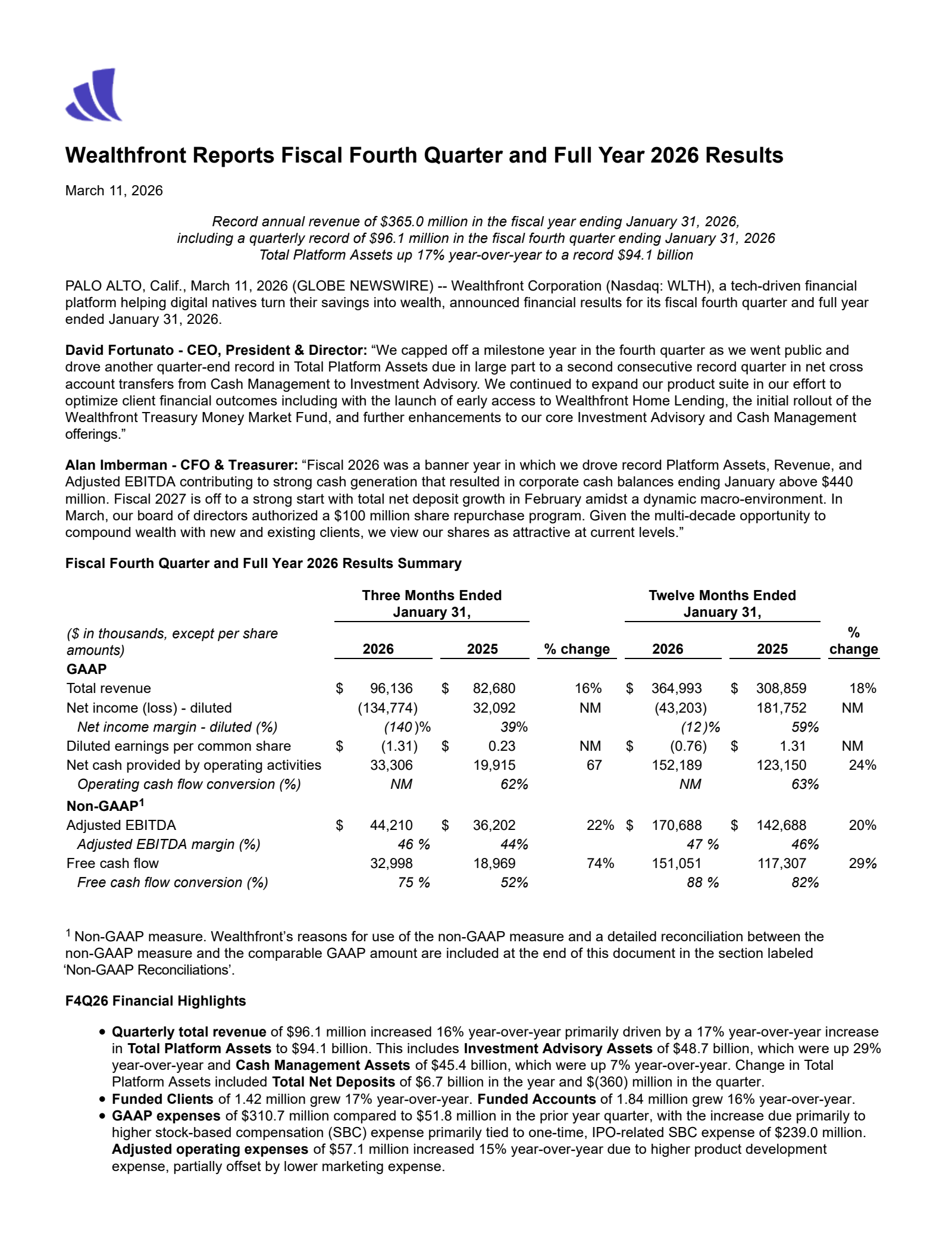 Wealthfront's Q4 2026 Press Release
