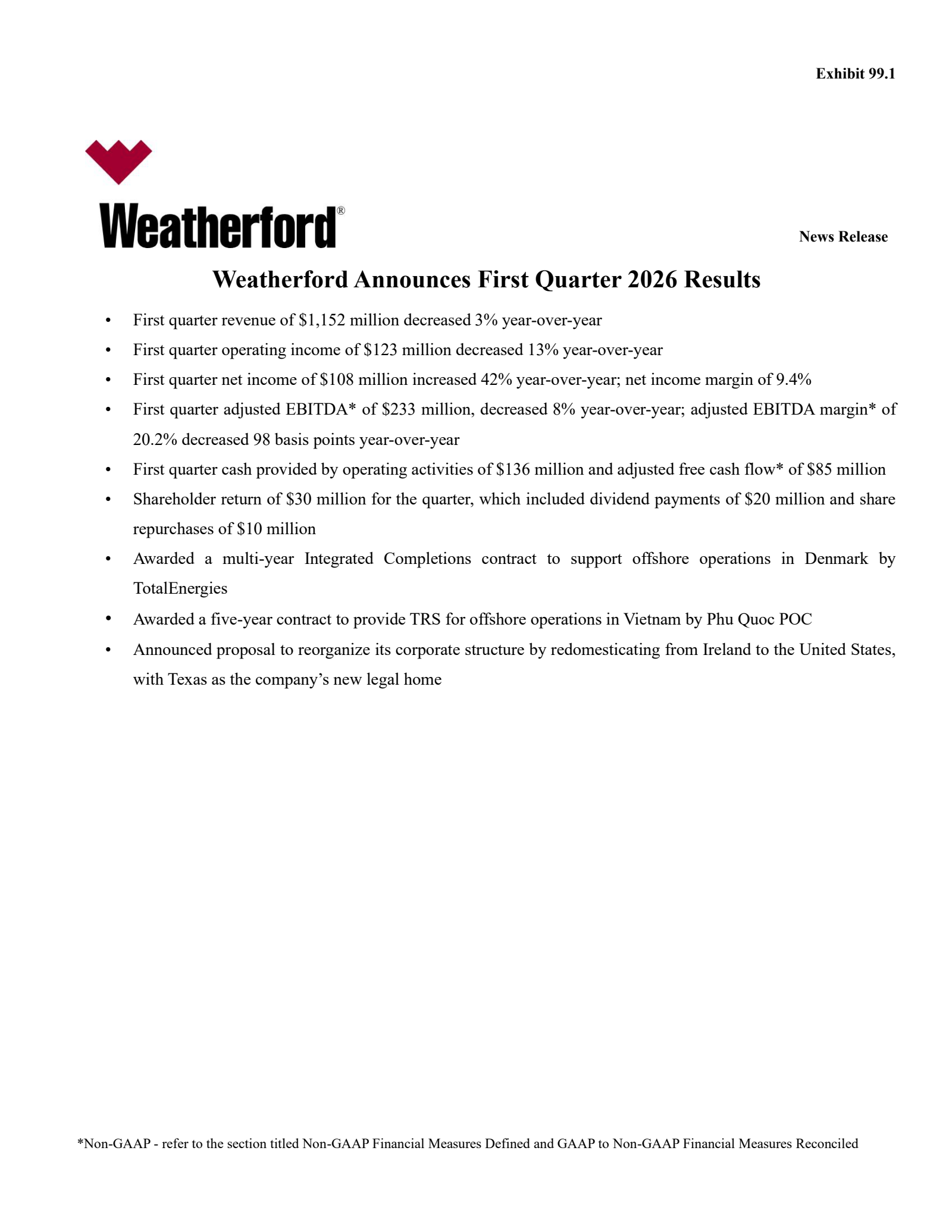 Weatherford International's Q1 2026 Press Release