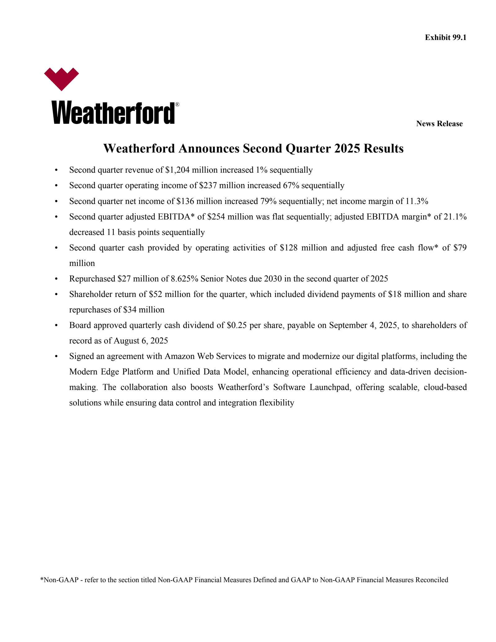 Weatherford International's Q2 2025 Press Release