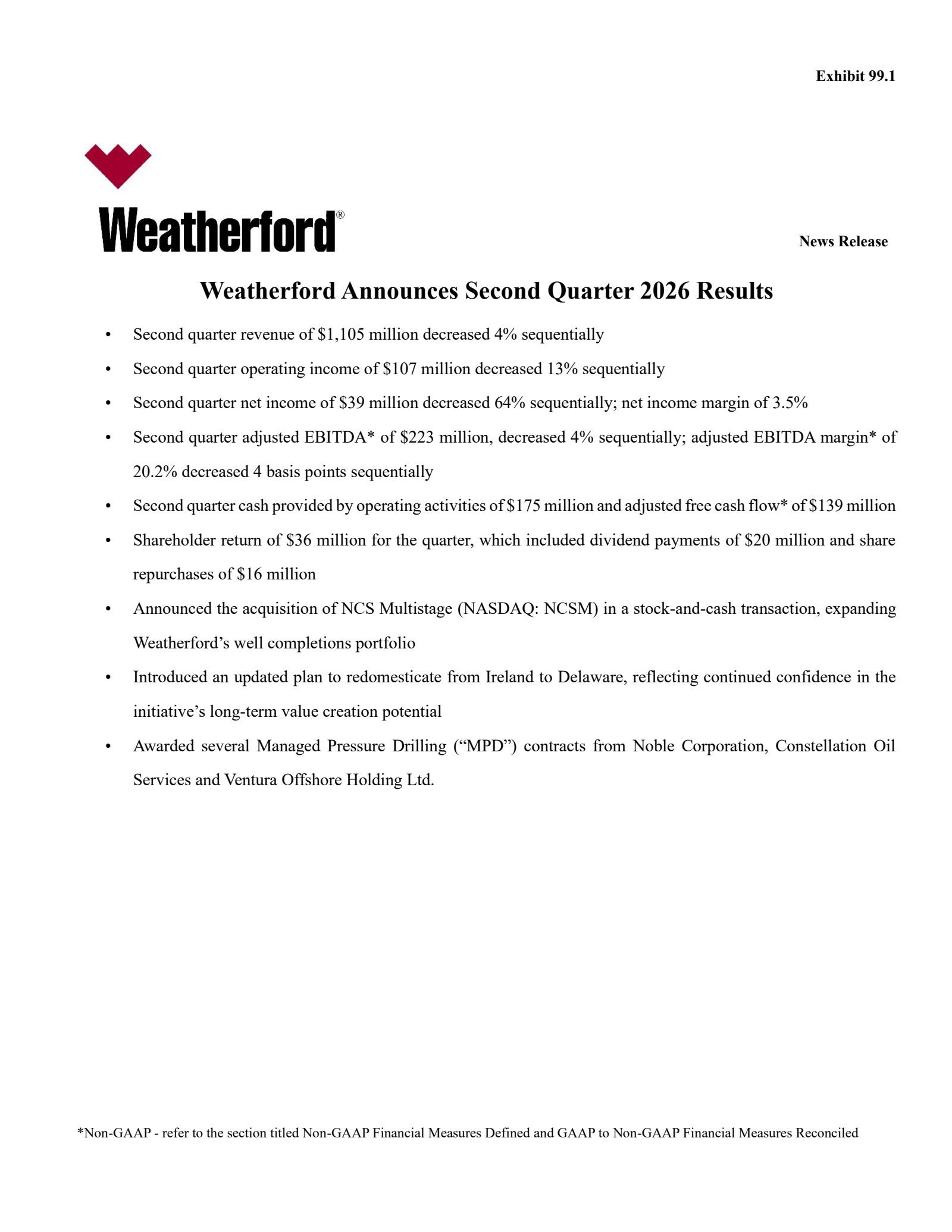 Weatherford International's Q2 2026 Press Release