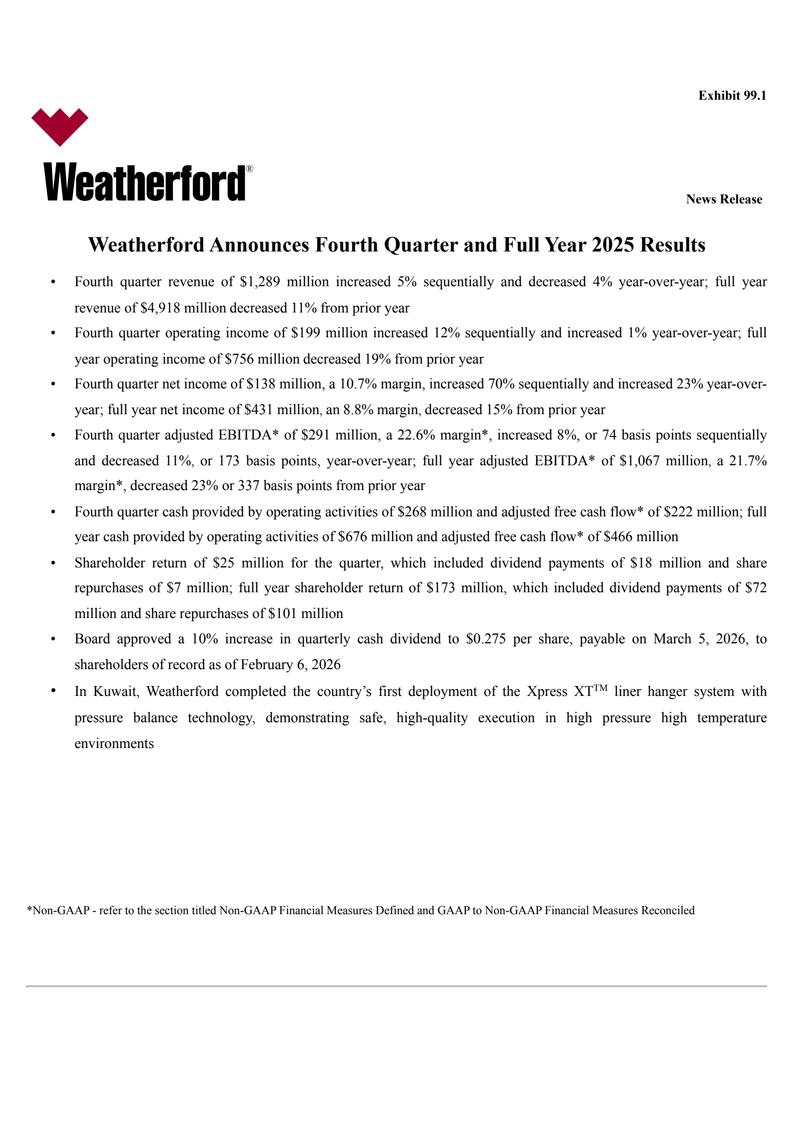 Weatherford International's Q4 2025 Press Release