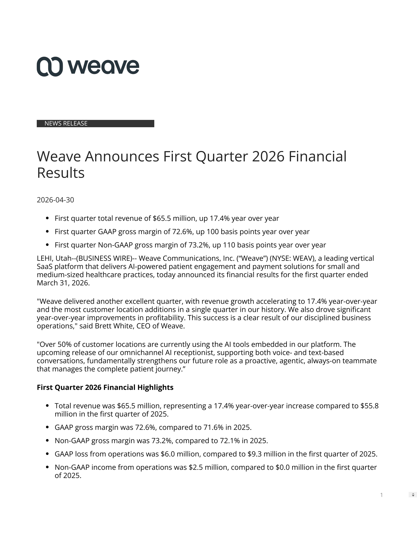 Weave Communications' Q1 2026 Press Release