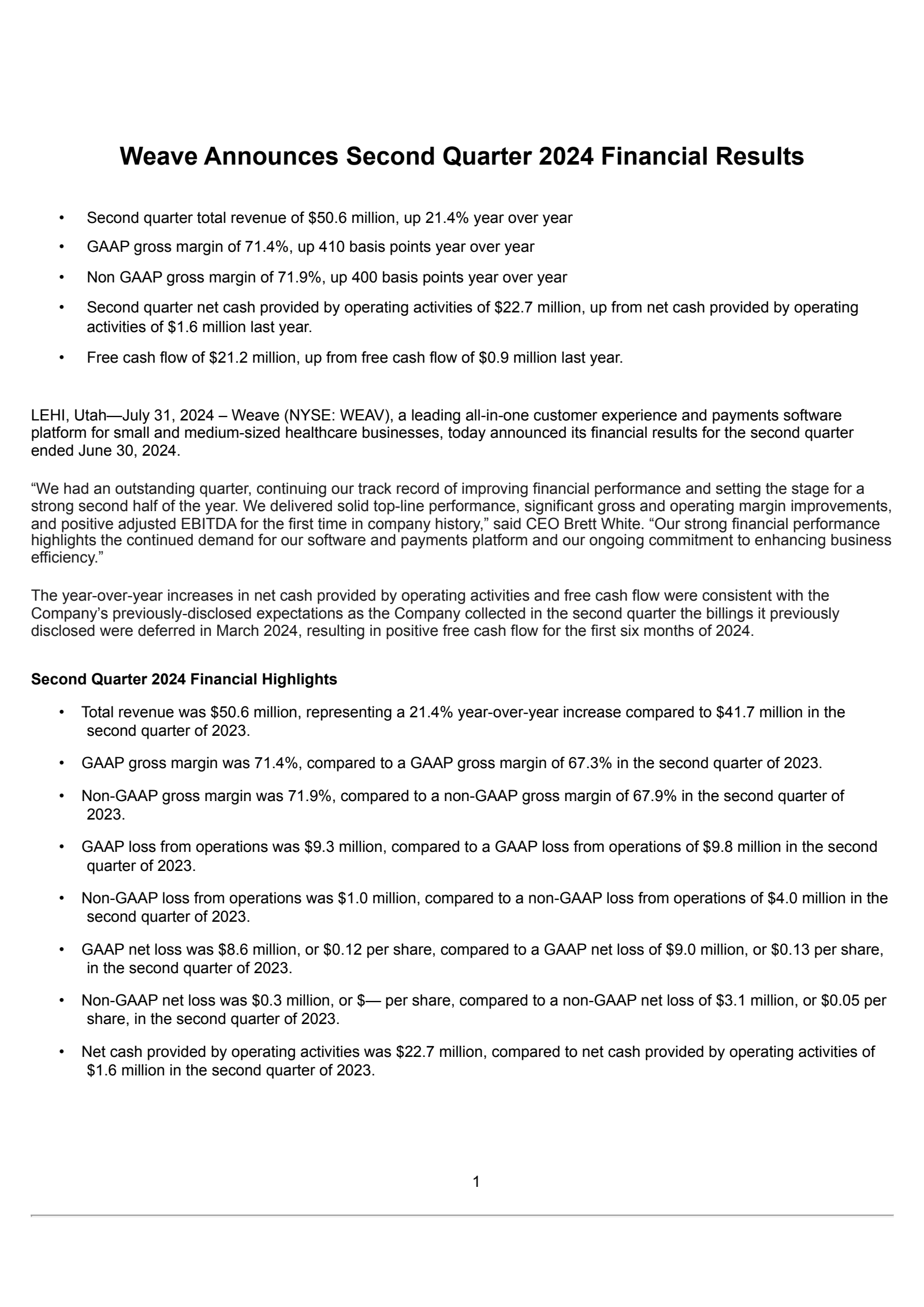 Weave Communications' Q2 2024 Press Release