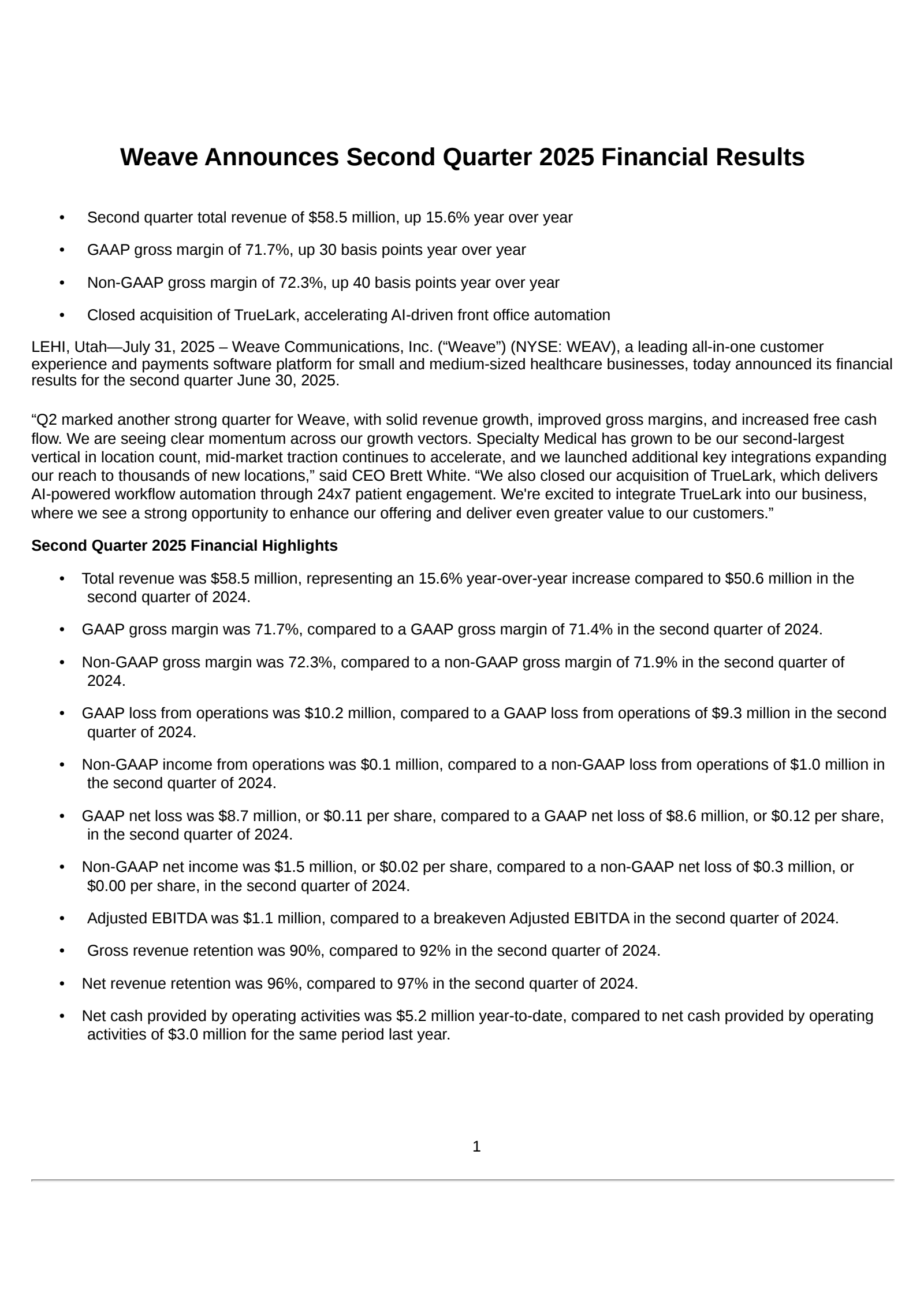 Weave Communications' Q2 2025 Press Release