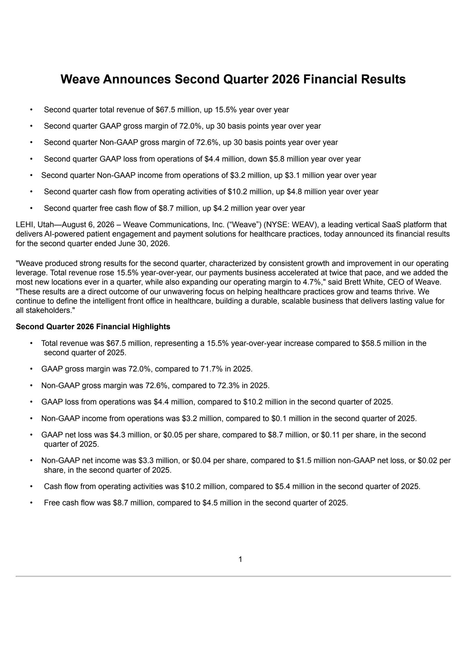 Weave Communications' Q2 2026 Press Release