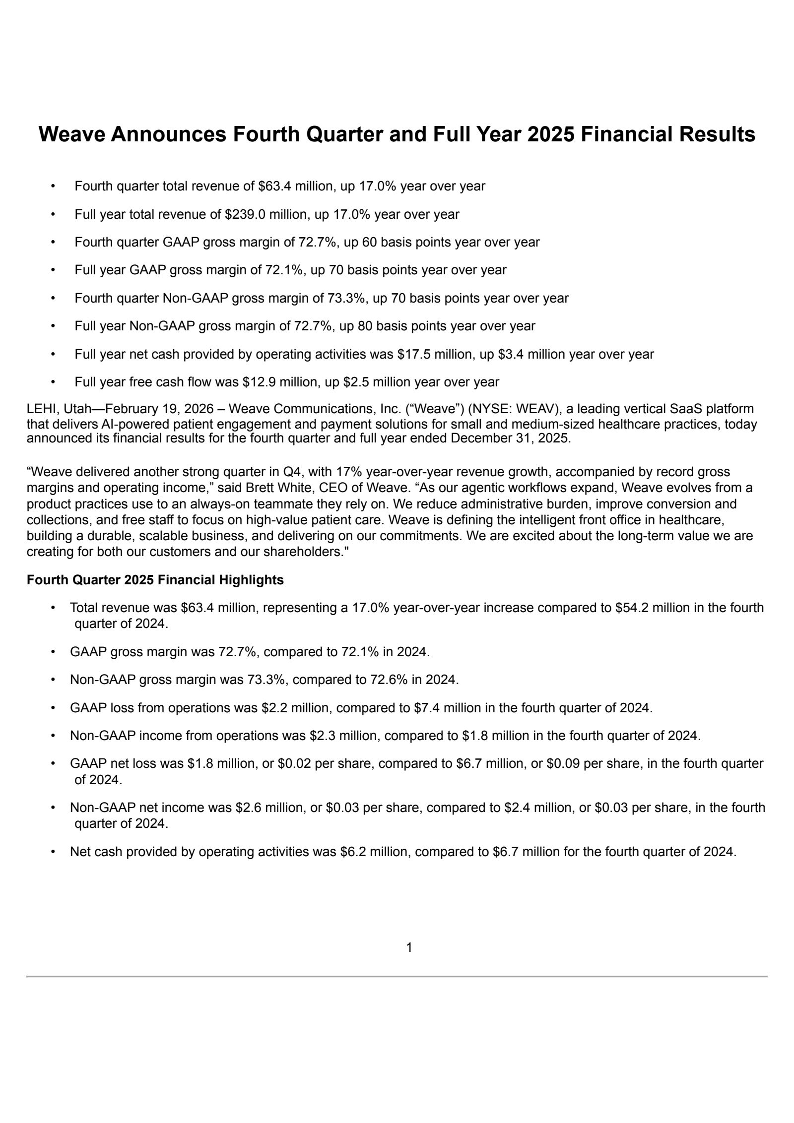 Weave Communications' Q4 2025 Press Release