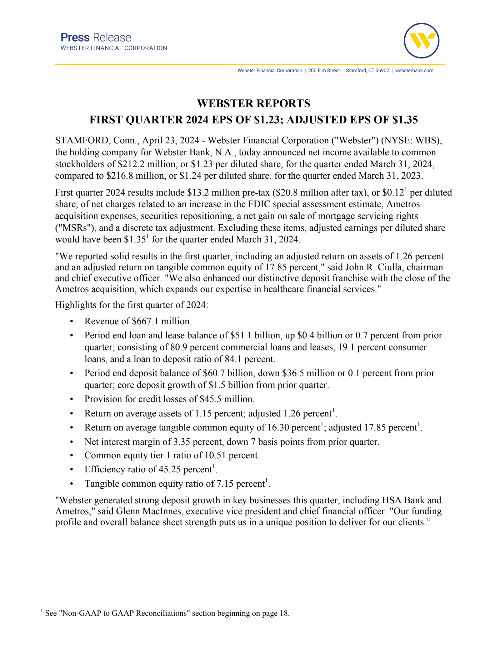 Webster Financial's Q1 2024 Press Release