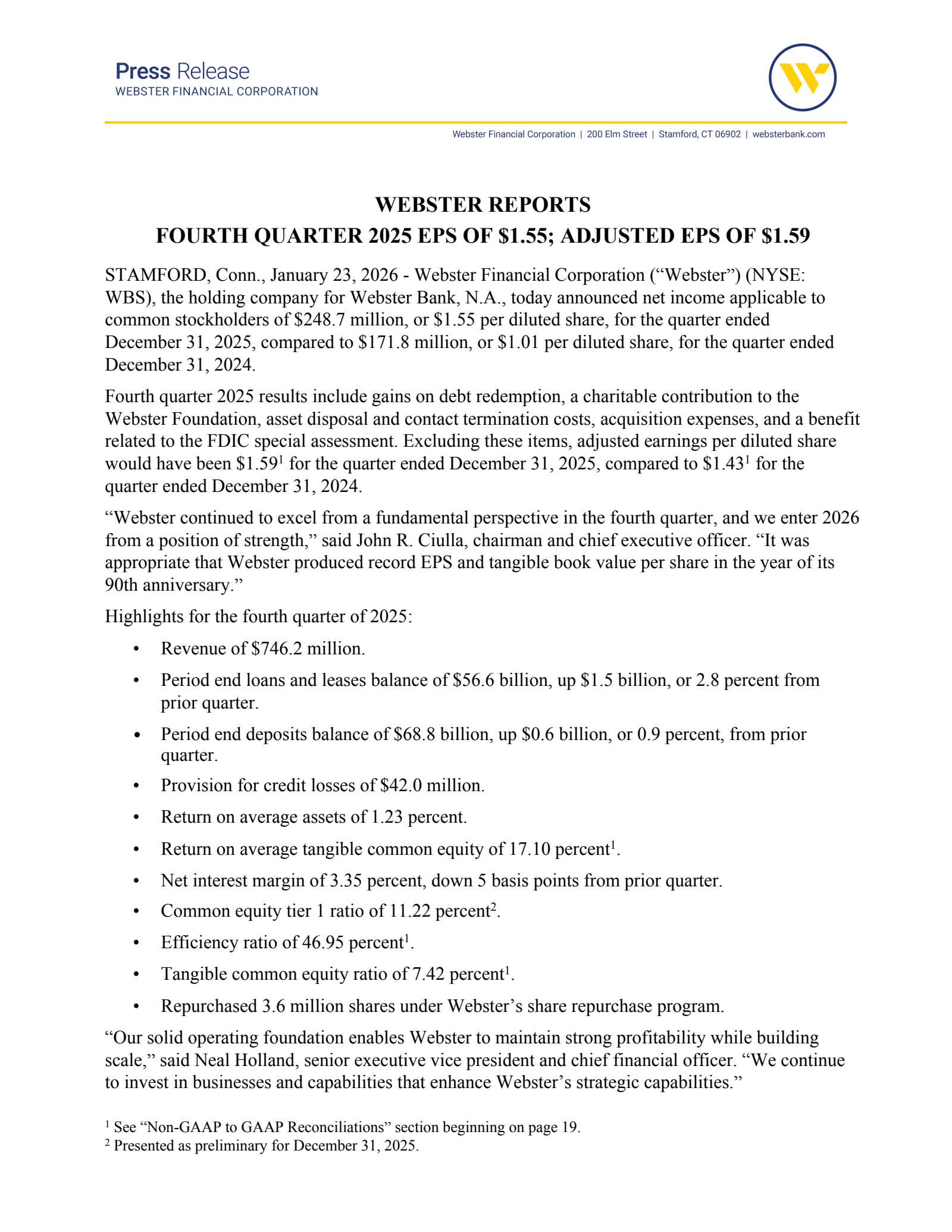 Webster Financial's Q4 2025 Press Release