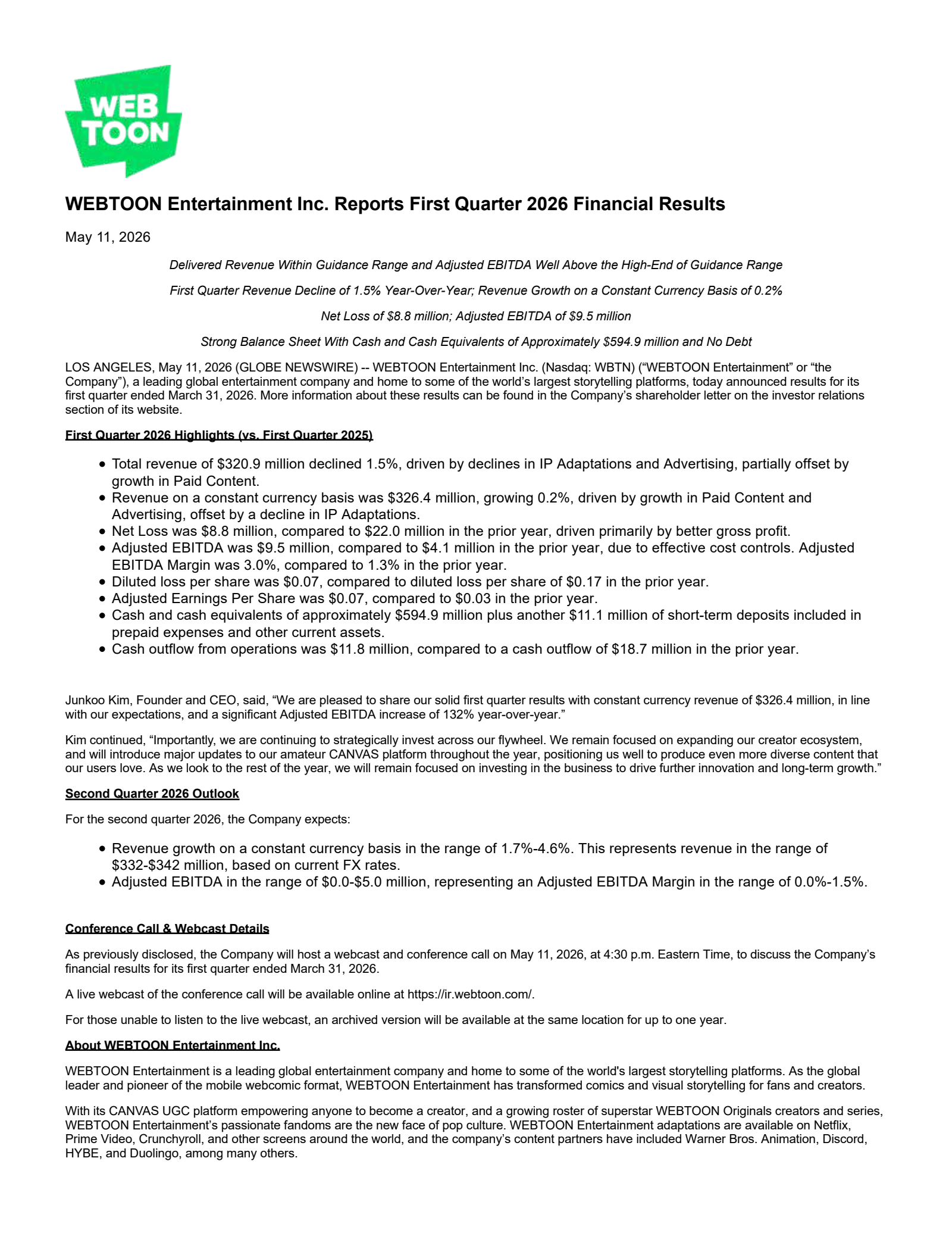 WEBTOON Entertainment's Q1 2026 Press Release