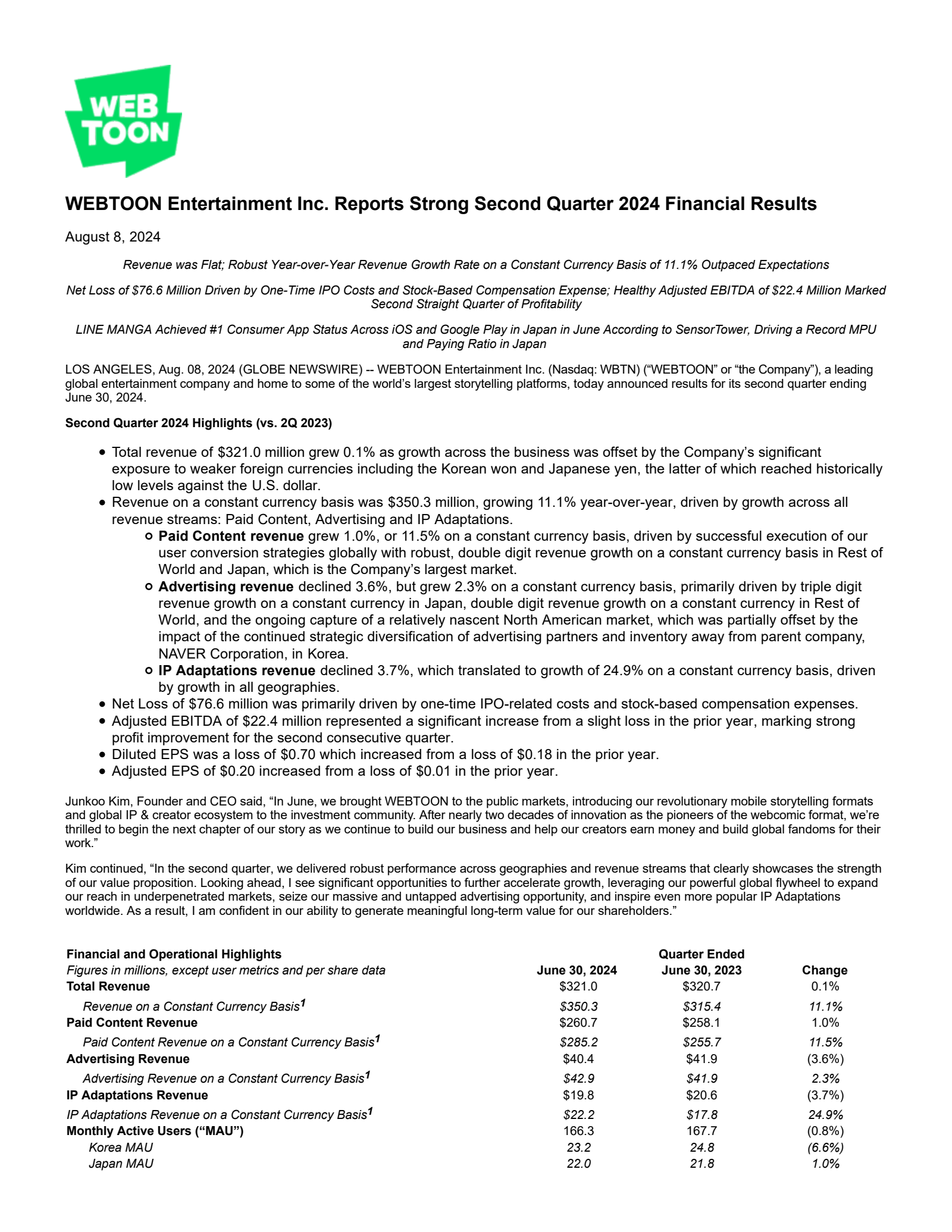WEBTOON Entertainment's Q2 2024 Earnings Release