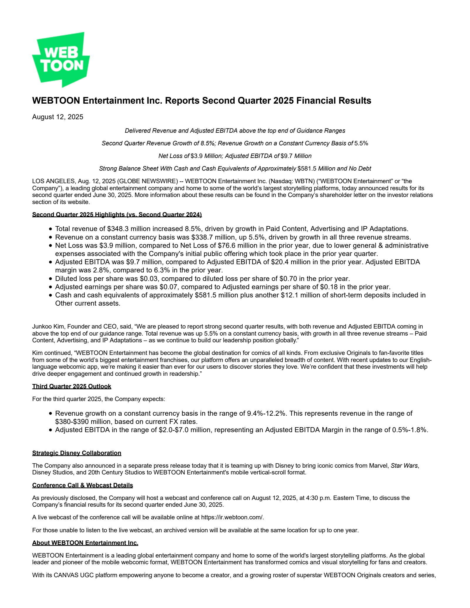 WEBTOON Entertainment's Q2 2025 Earnings Release