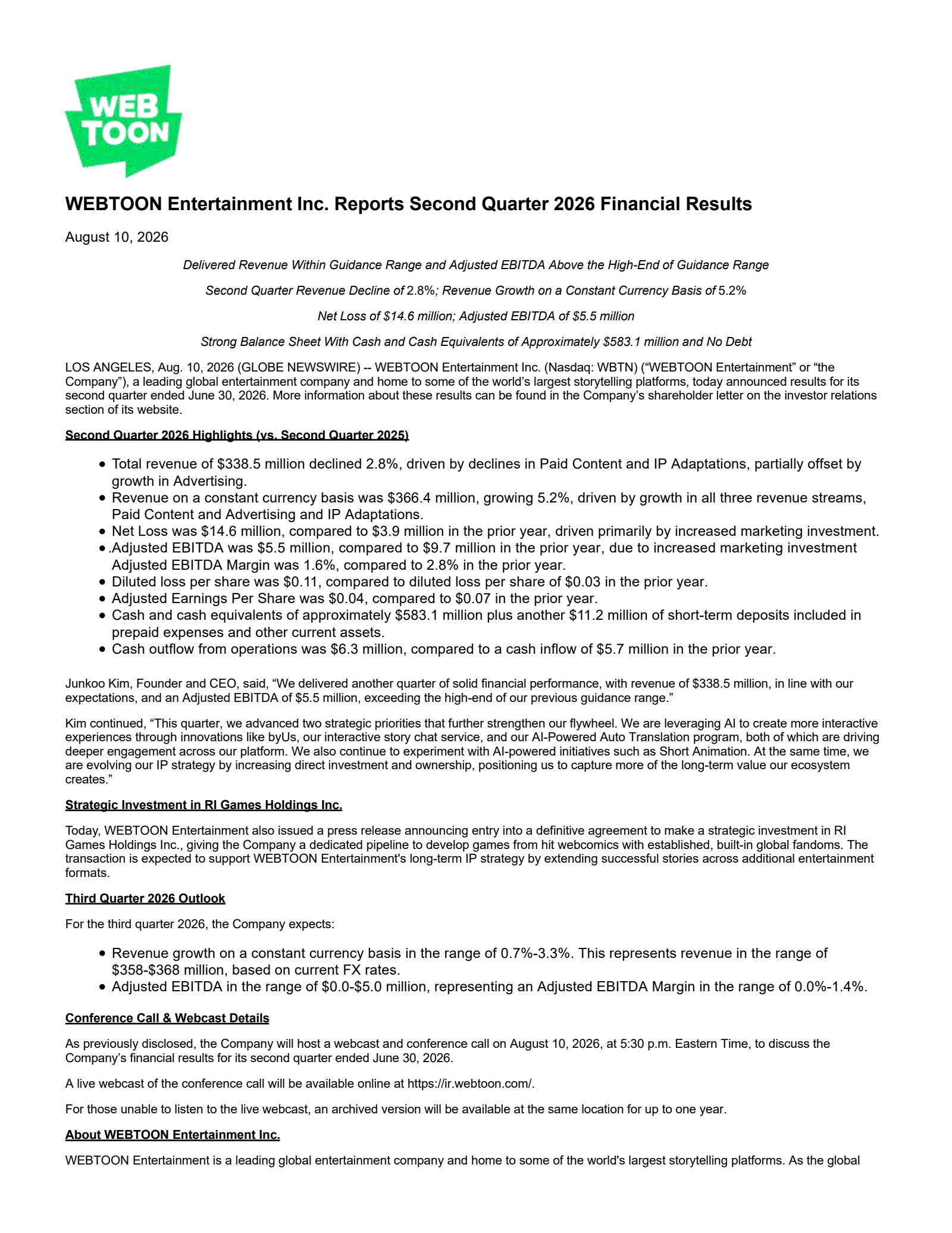 WEBTOON Entertainment's Q2 2026 Press Release