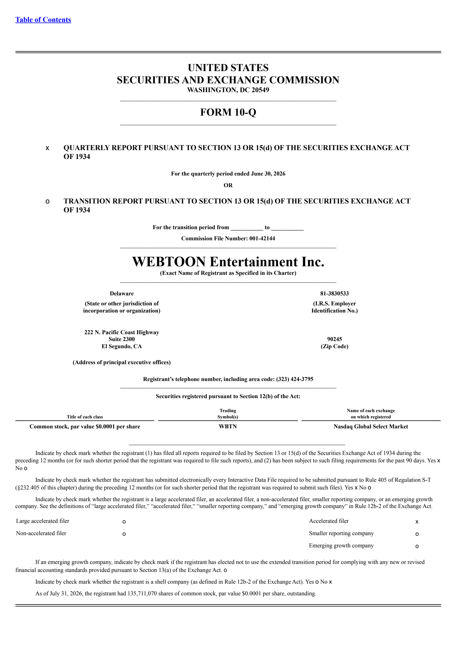 WEBTOON Entertainment's Q2 2026 Quarterly report