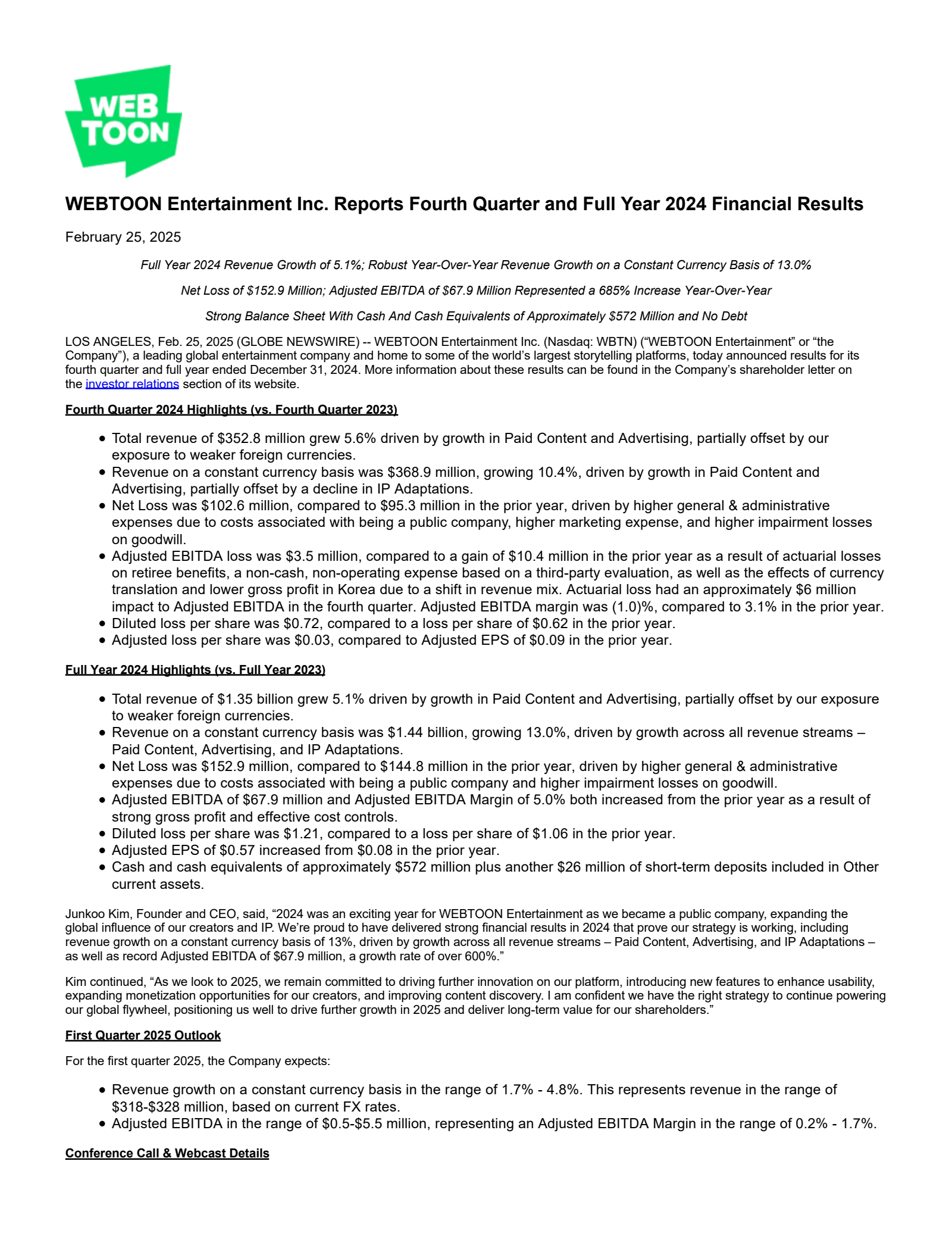 WEBTOON Entertainment's Q4 2024 Earnings Release