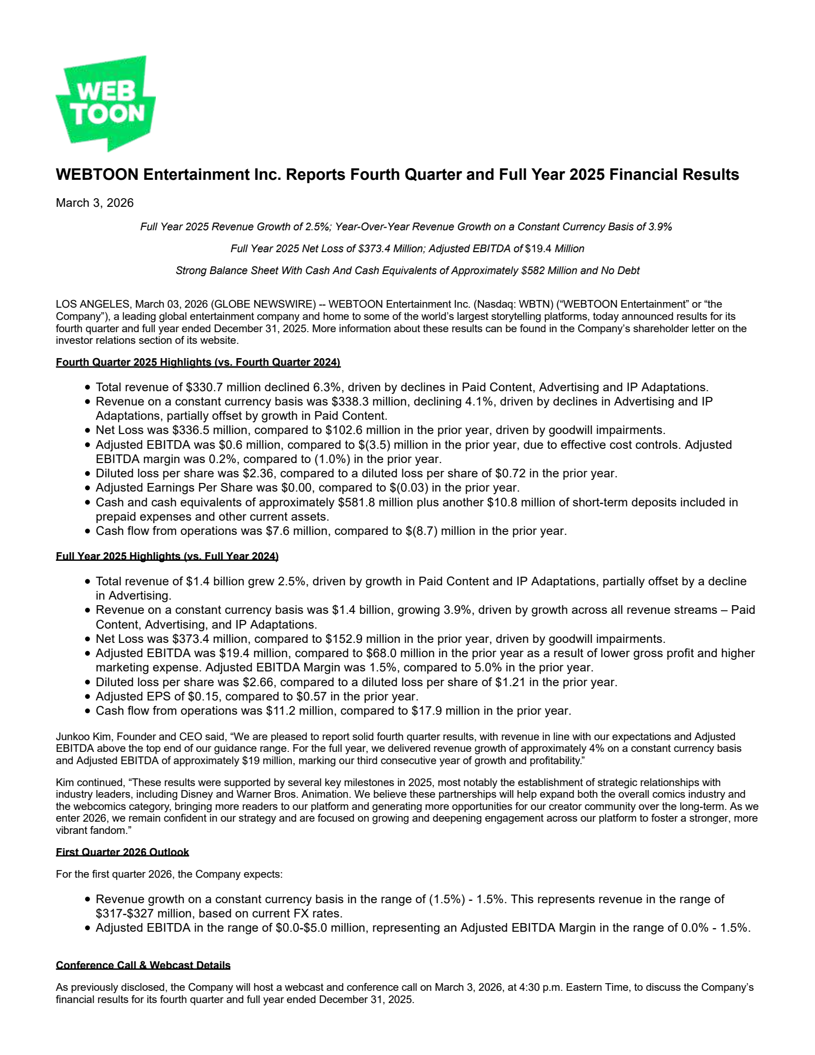 WEBTOON Entertainment's Q4 2025 Press Release