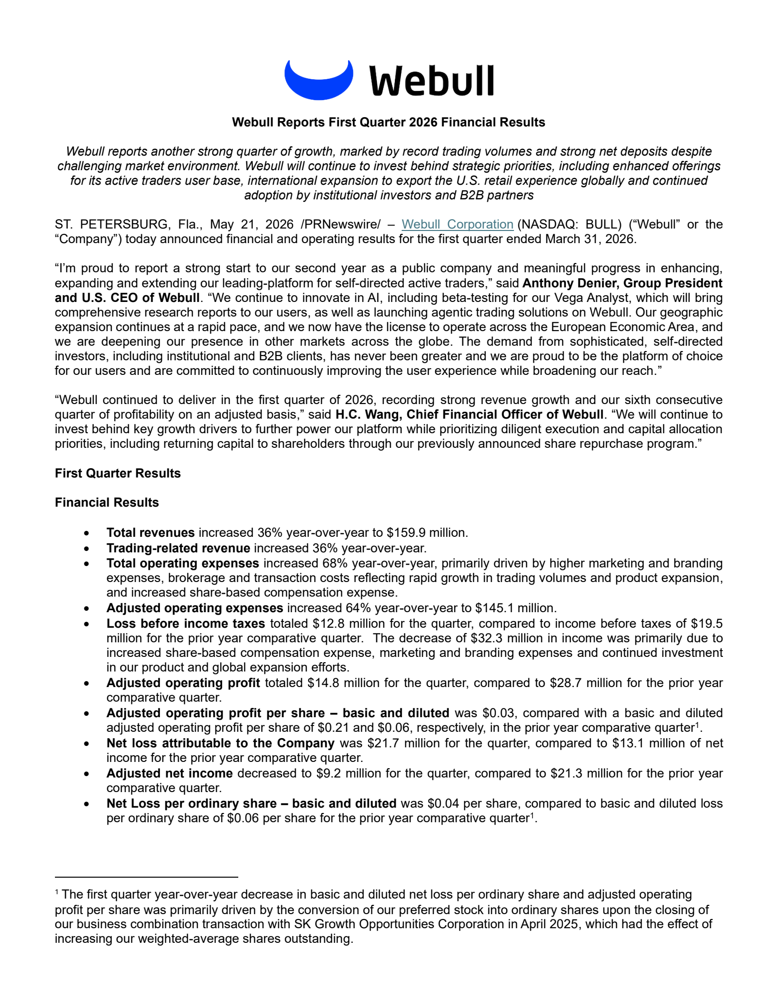Webull's Q1 2026 Press Release