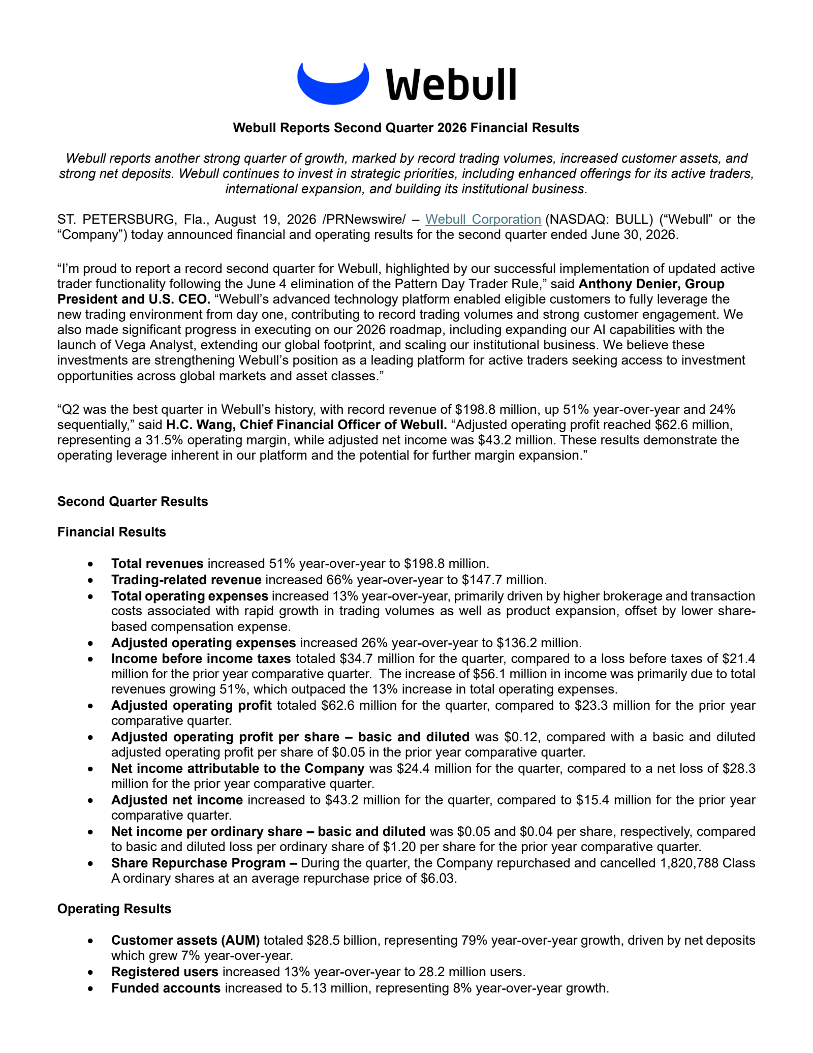 Webull's Q2 2026 Press Release