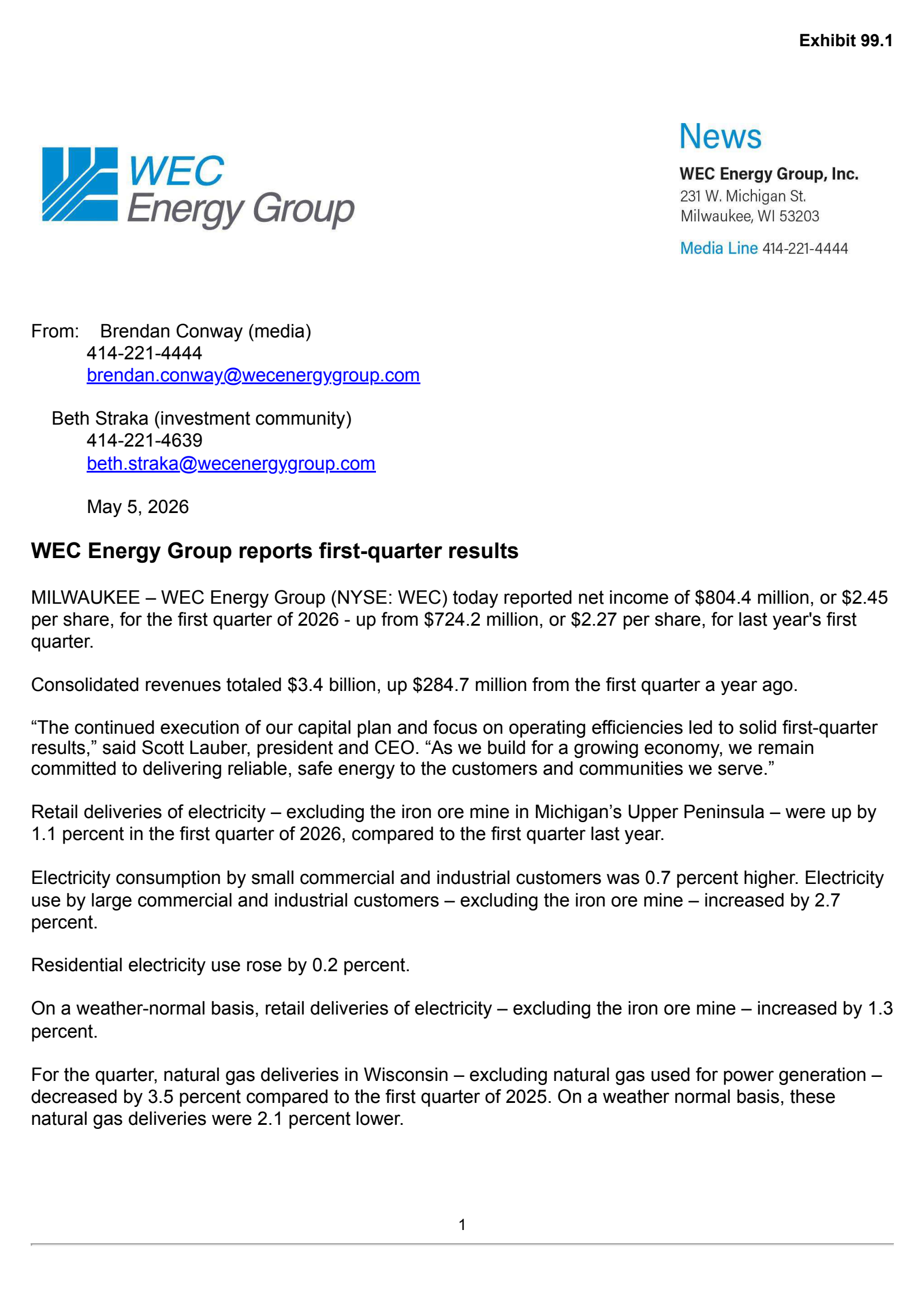 WEC Energy Group's Q1 2026 Press Release