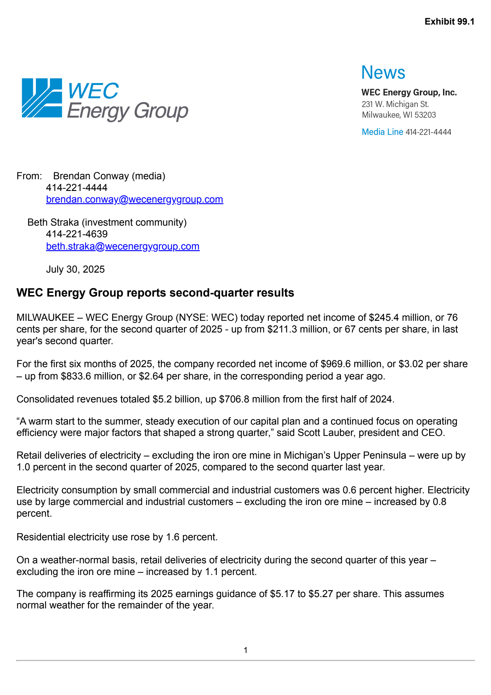 WEC Energy Group's Q2 2025 Press Release