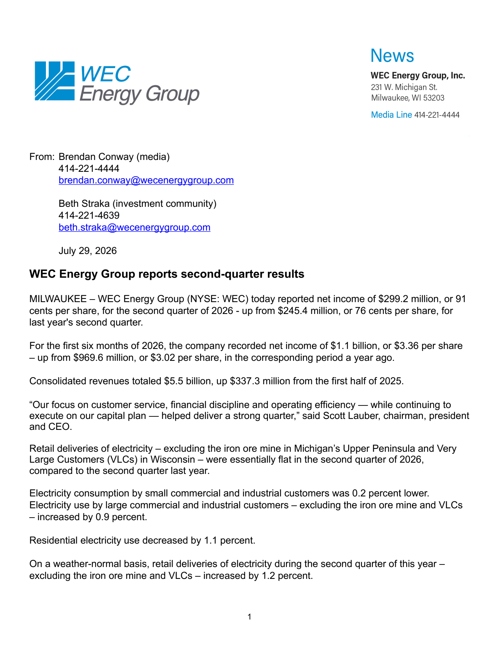 WEC Energy Group's Q2 2026 Press Release