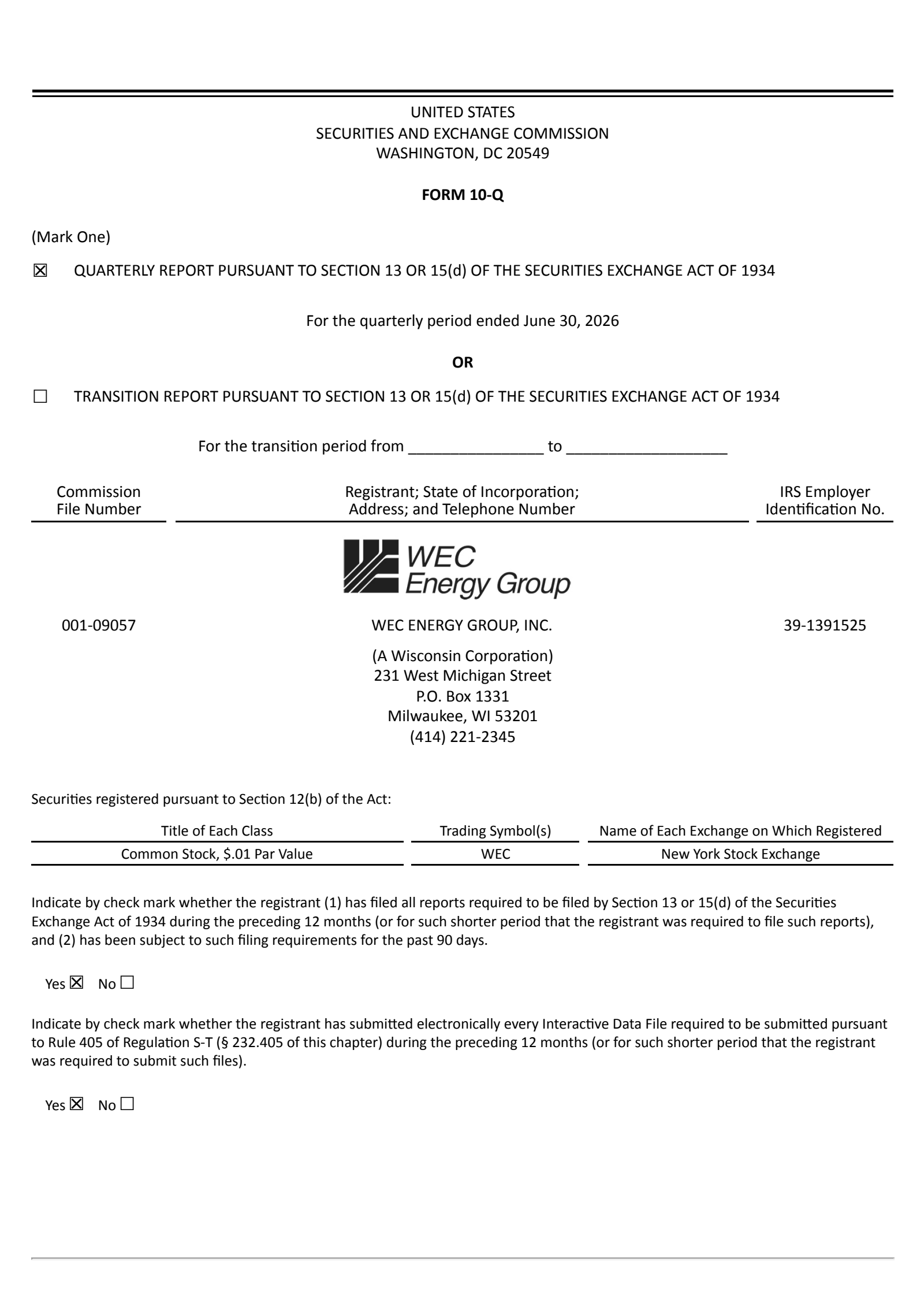 WEC Energy Group's Q2 2026 Quarterly report