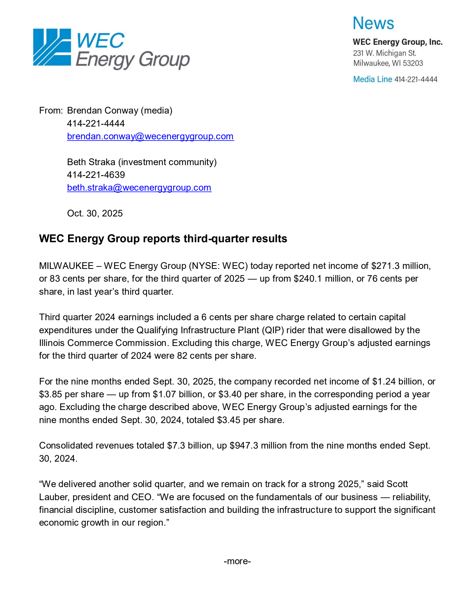 WEC Energy Group's Q3 2025 Earnings Release
