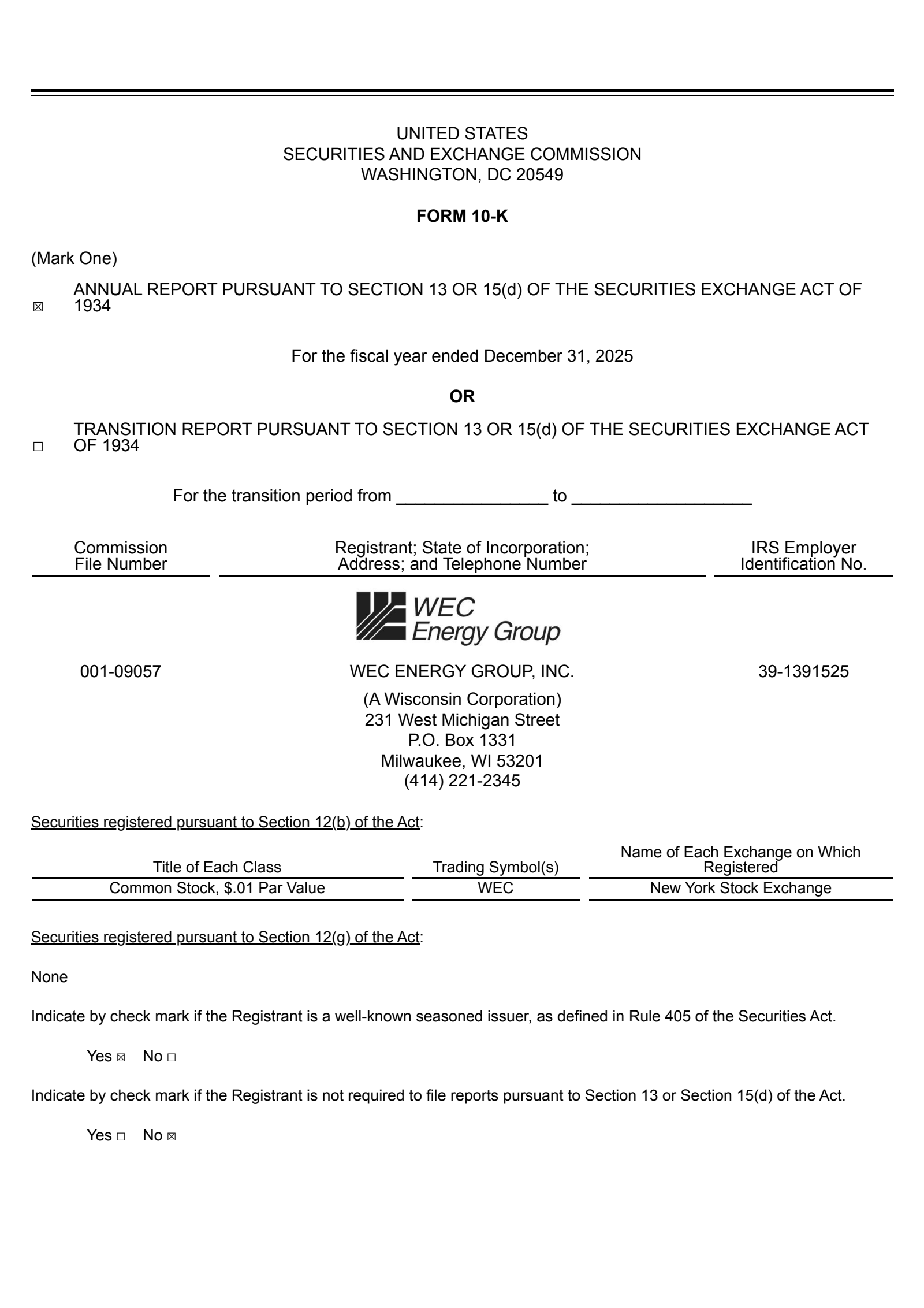 WEC Energy Group's Q4 2025 Annual report